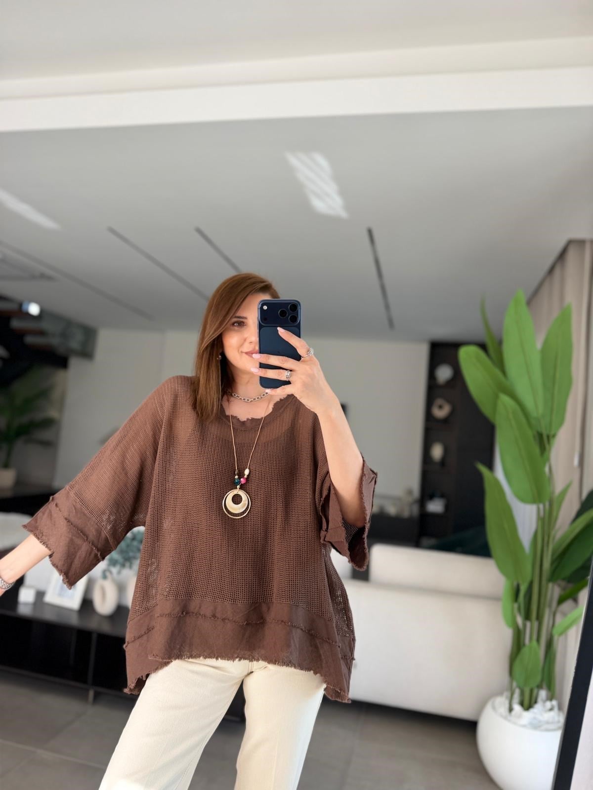Acı Kahve Kolye Detaylı File Bluz