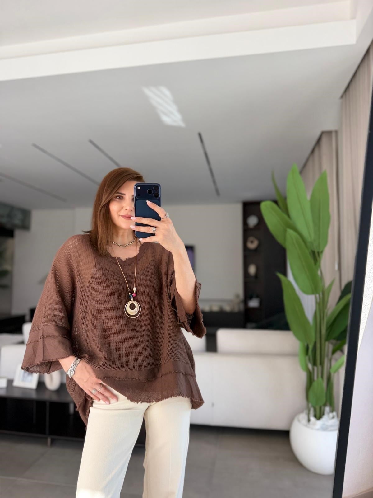 Acı Kahve Kolye Detaylı File Bluz
