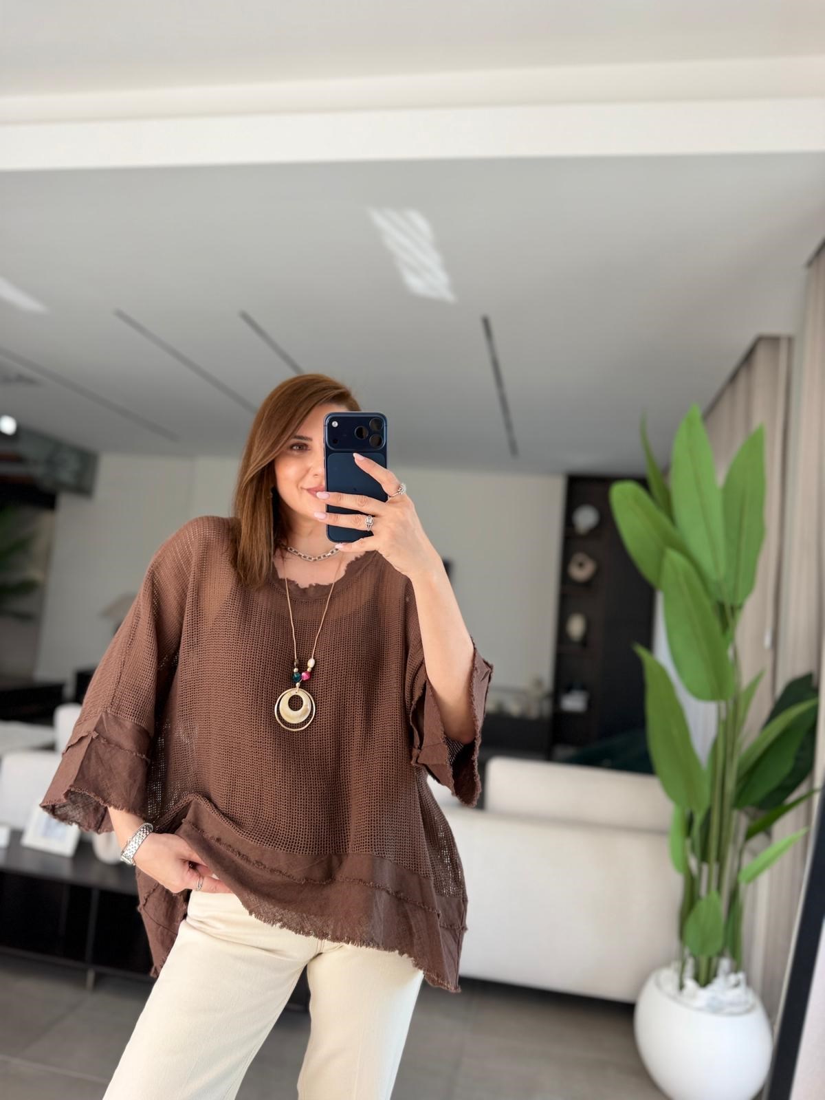 Acı Kahve Kolye Detaylı File Bluz