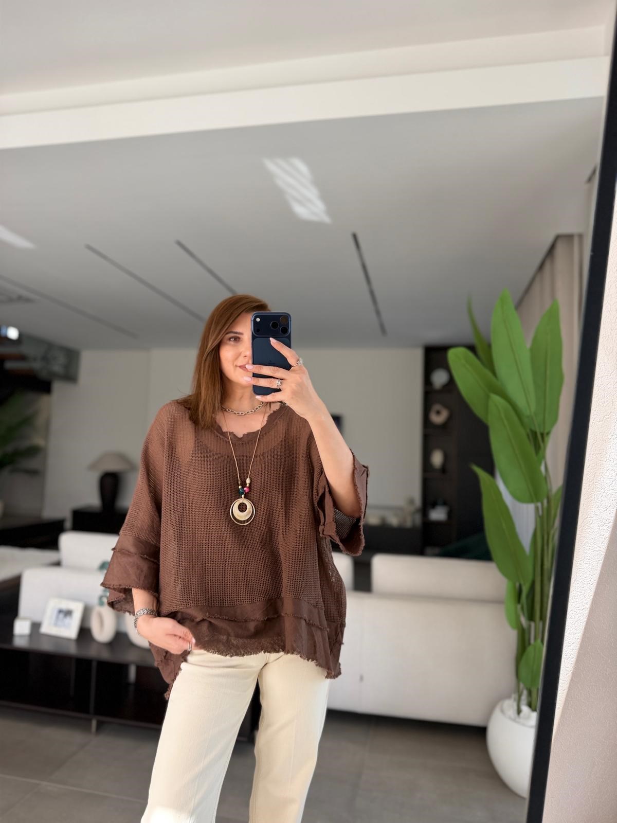 Acı Kahve Kolye Detaylı File Bluz