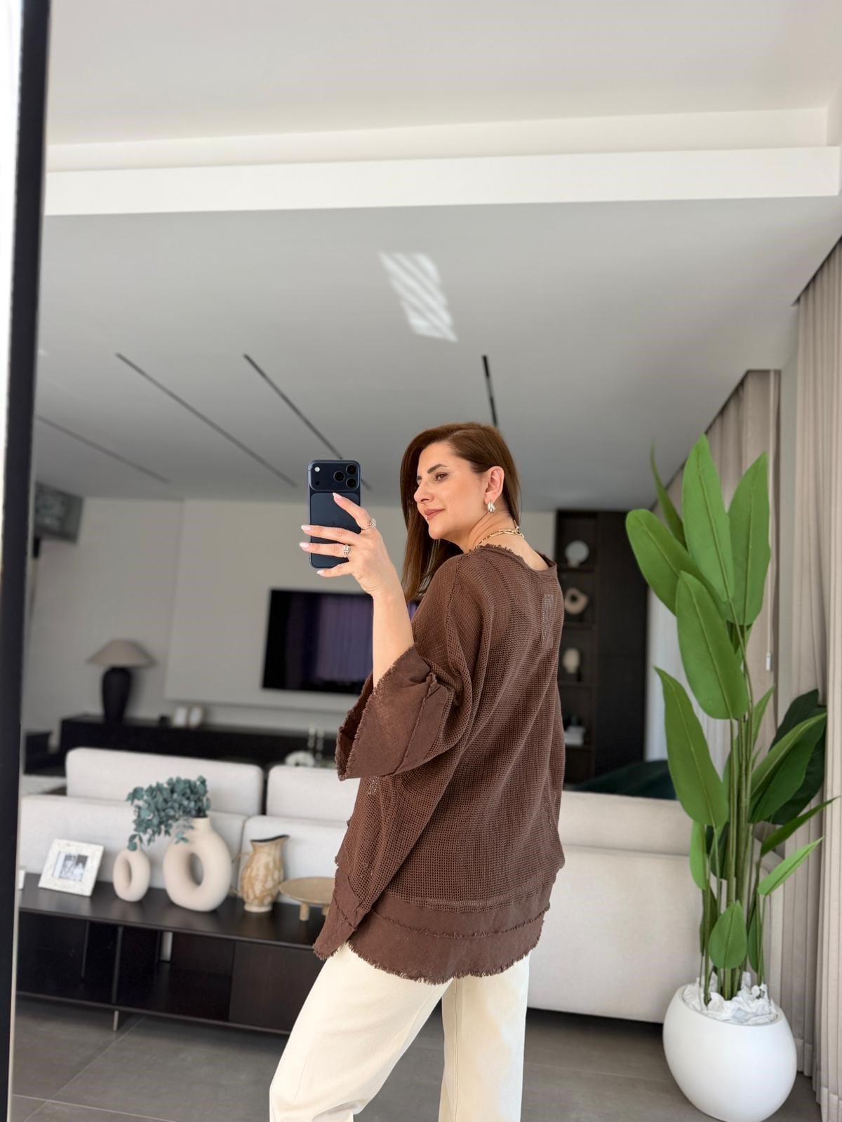 Acı Kahve Kolye Detaylı File Bluz