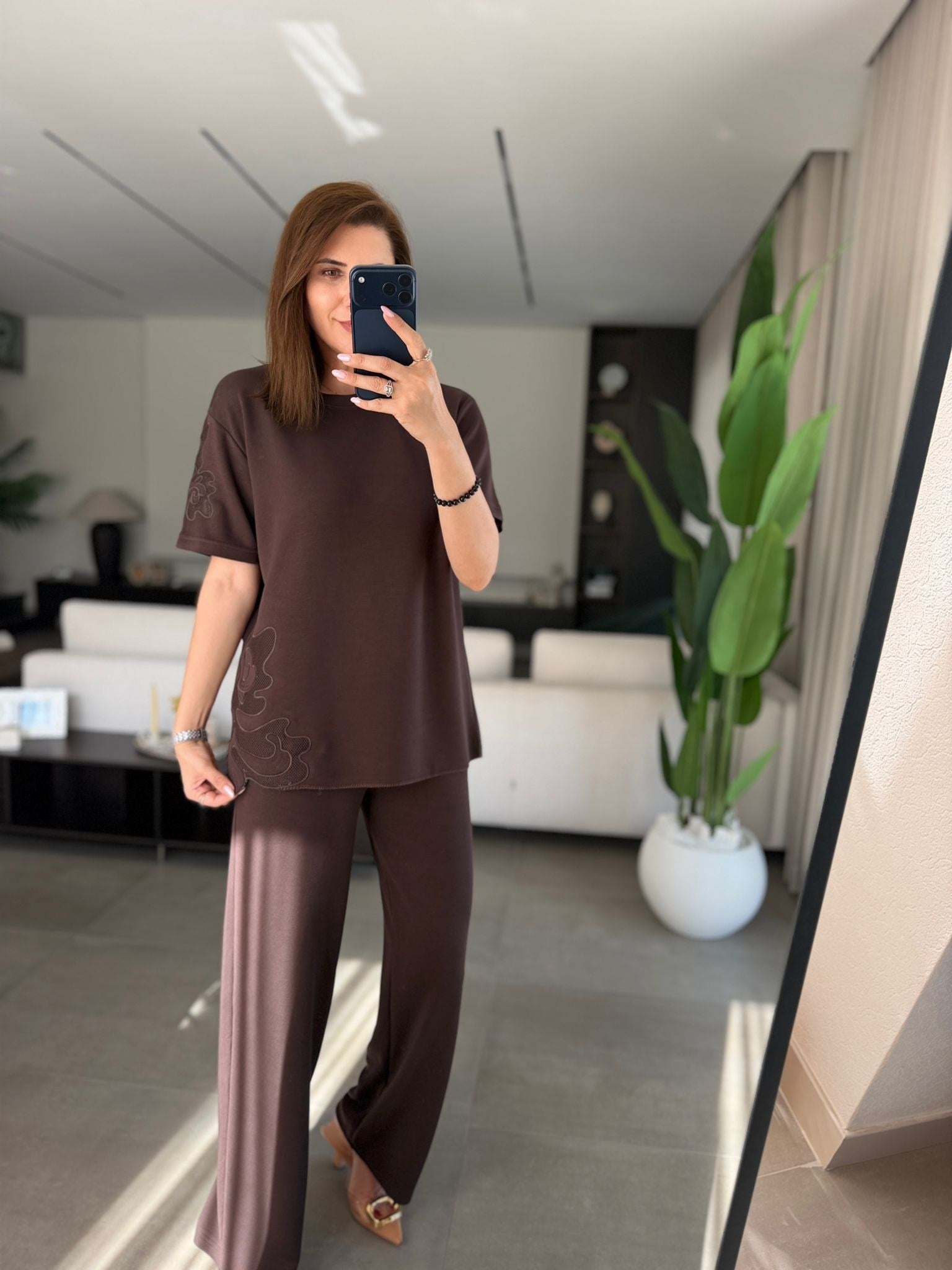 Acı Kahve  Lazer Nakış Modal Pantolon Takım