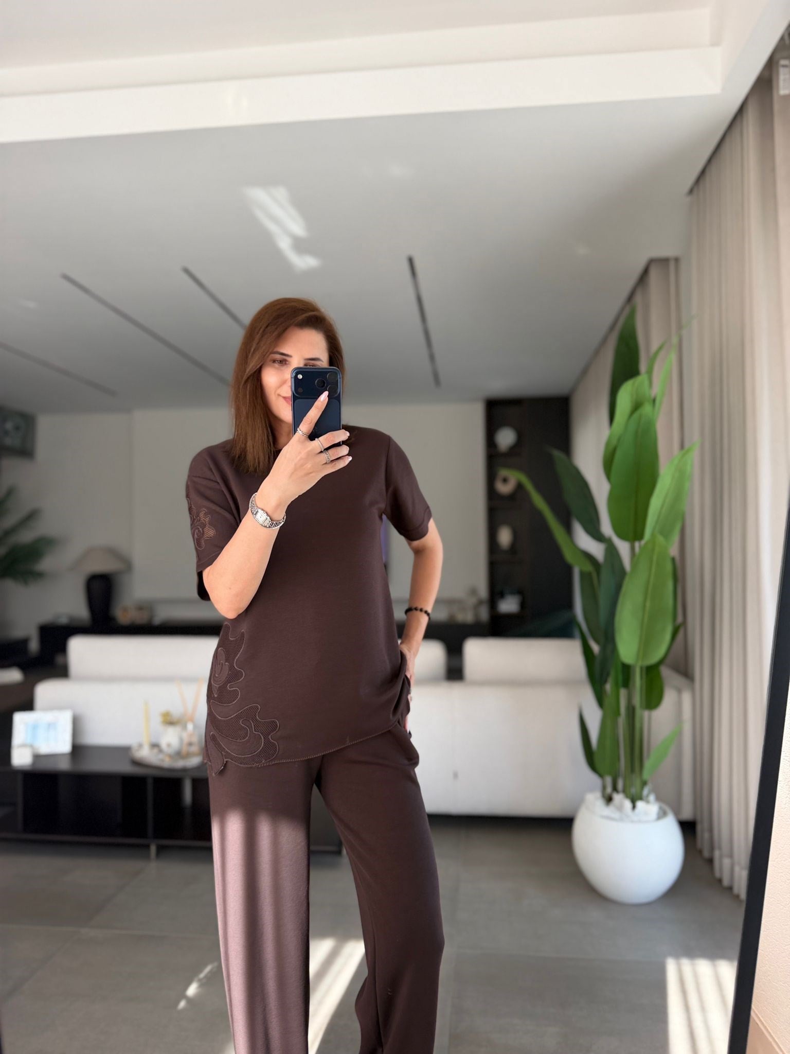 Acı Kahve  Lazer Nakış Modal Pantolon Takım