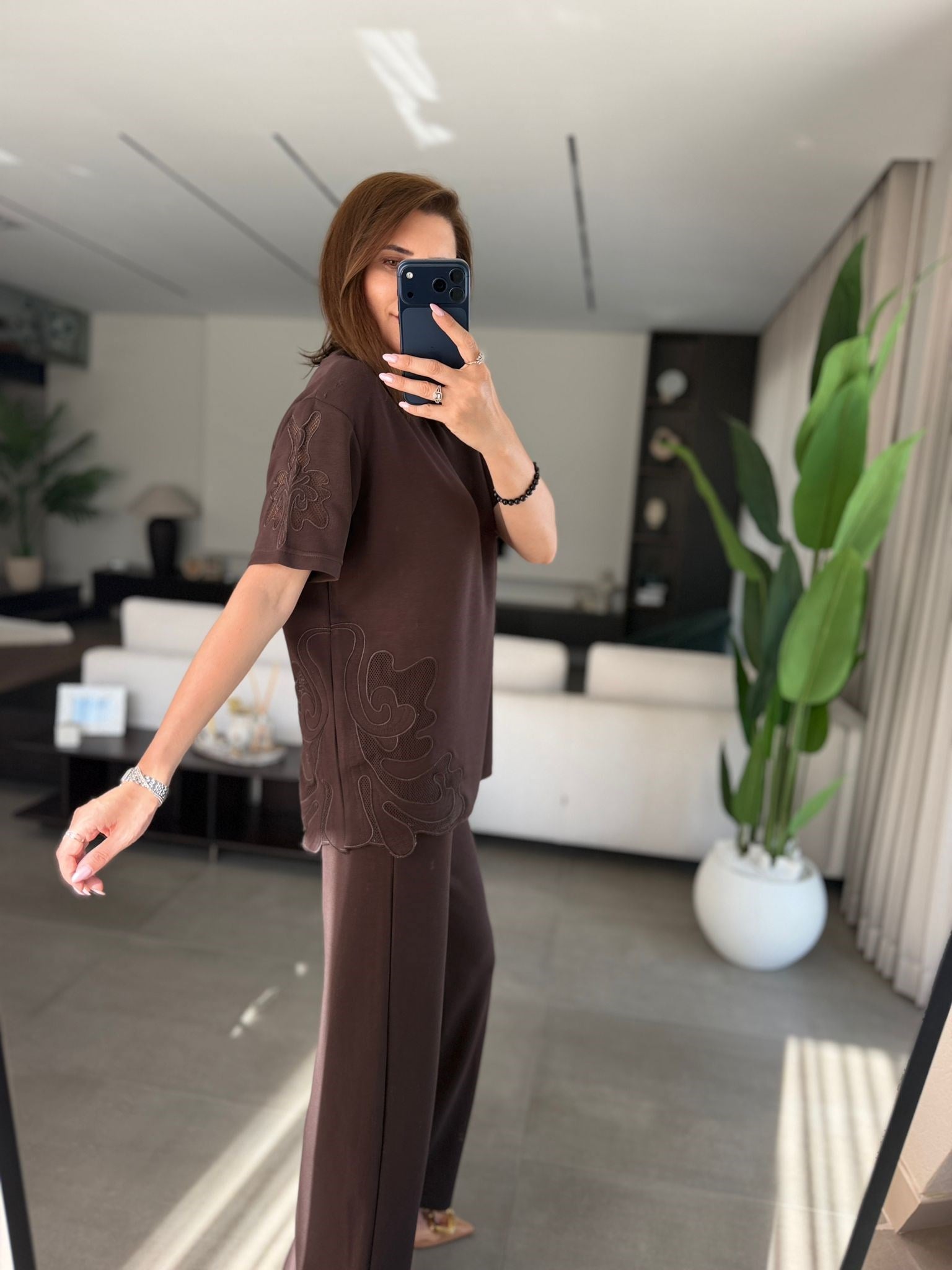 Acı Kahve  Lazer Nakış Modal Pantolon Takım