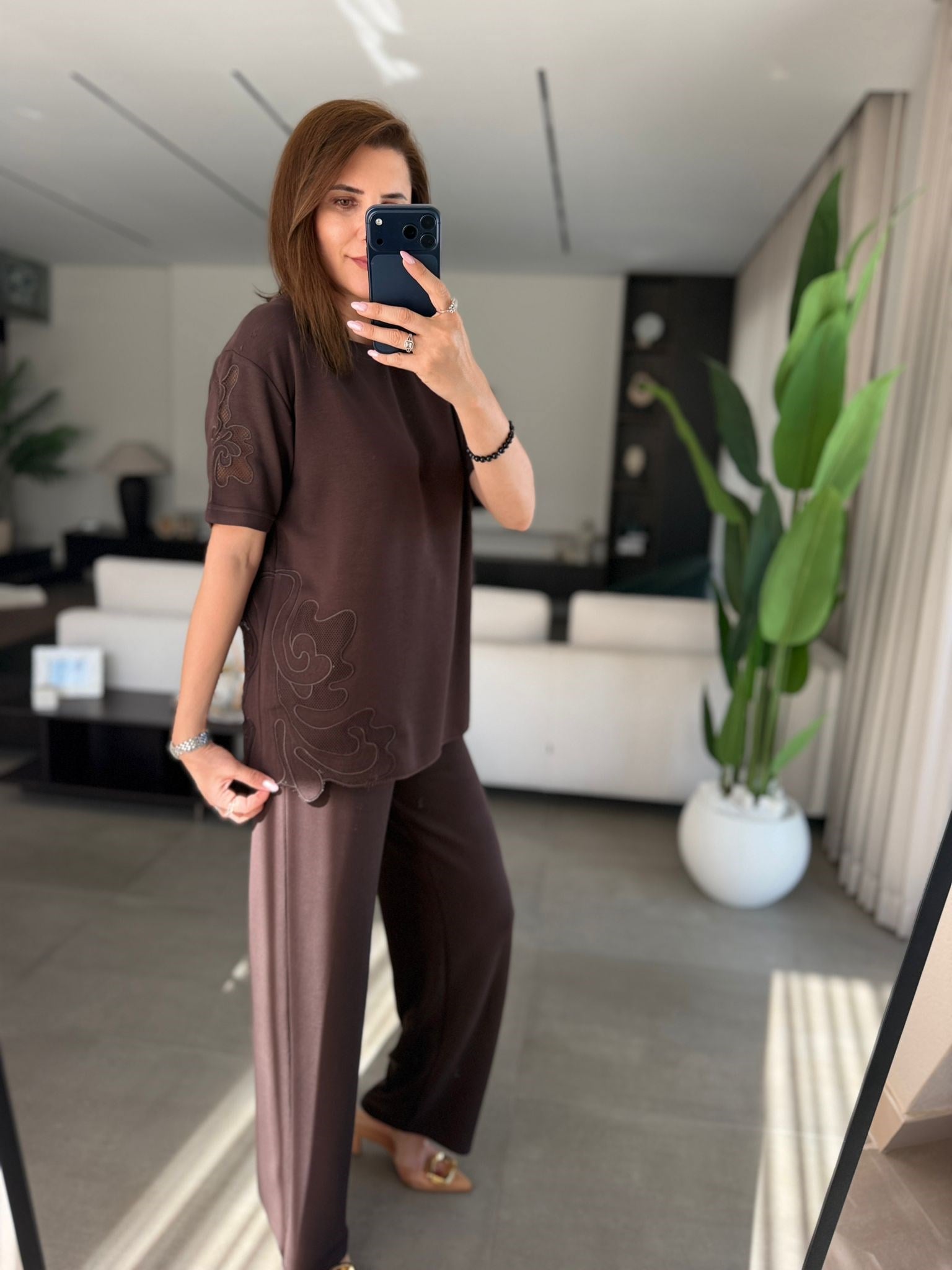 Acı Kahve  Lazer Nakış Modal Pantolon Takım