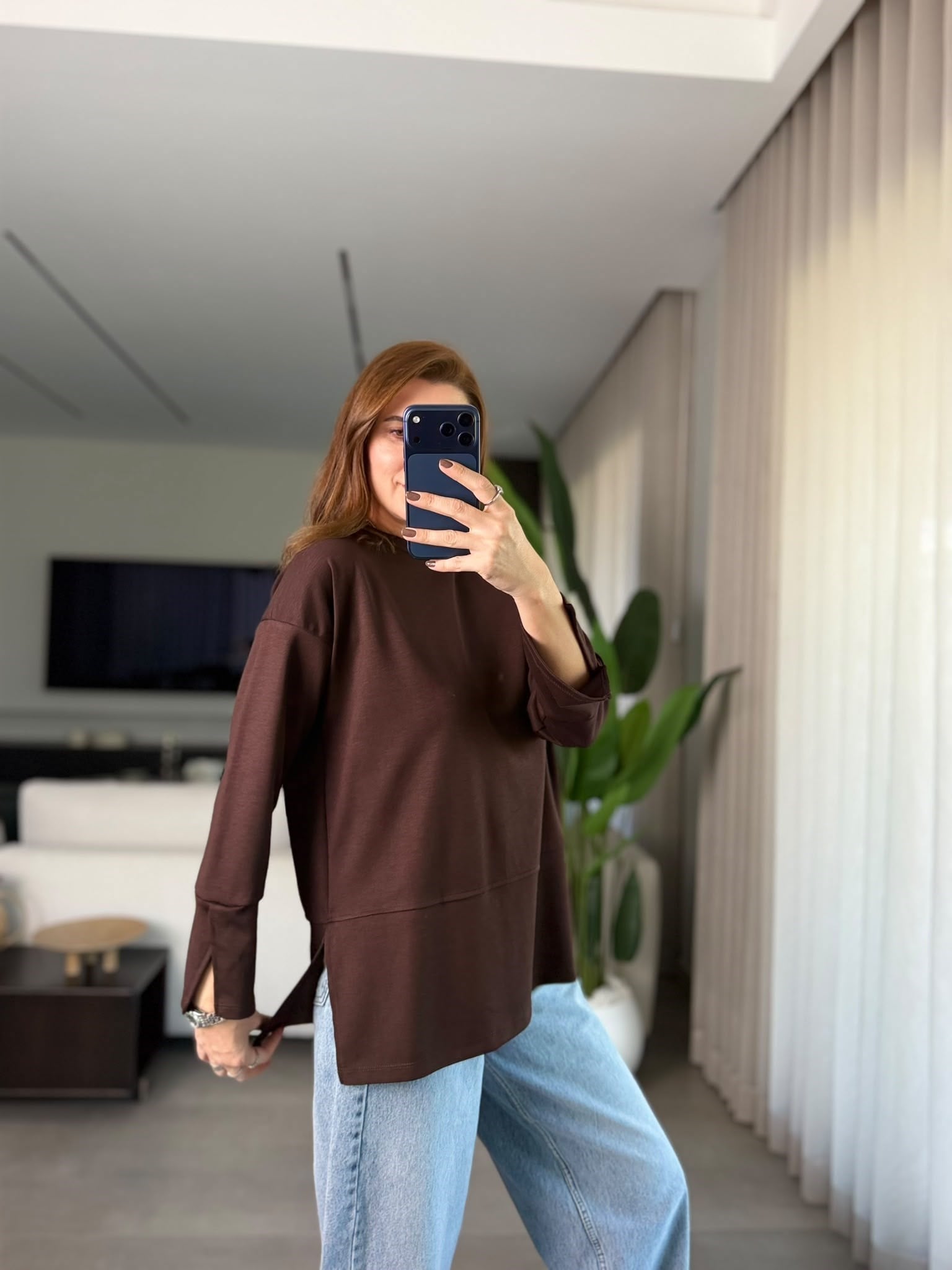 Acı Kahve Manşet Yırtmaçlı Sweatshırt
