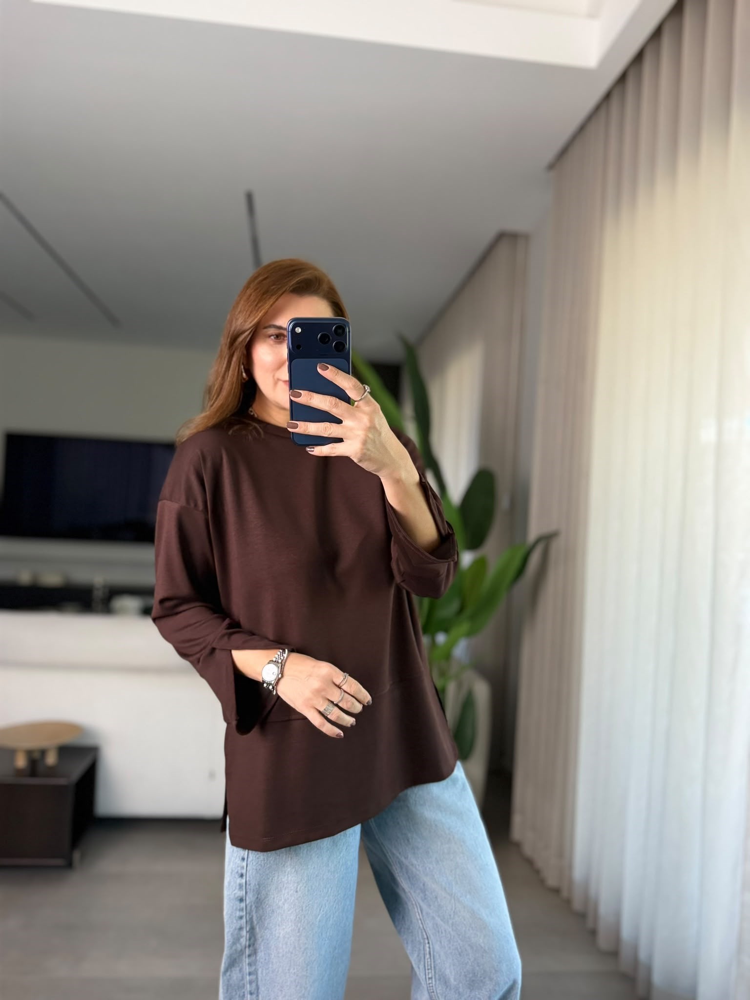 Acı Kahve Manşet Yırtmaçlı Sweatshırt