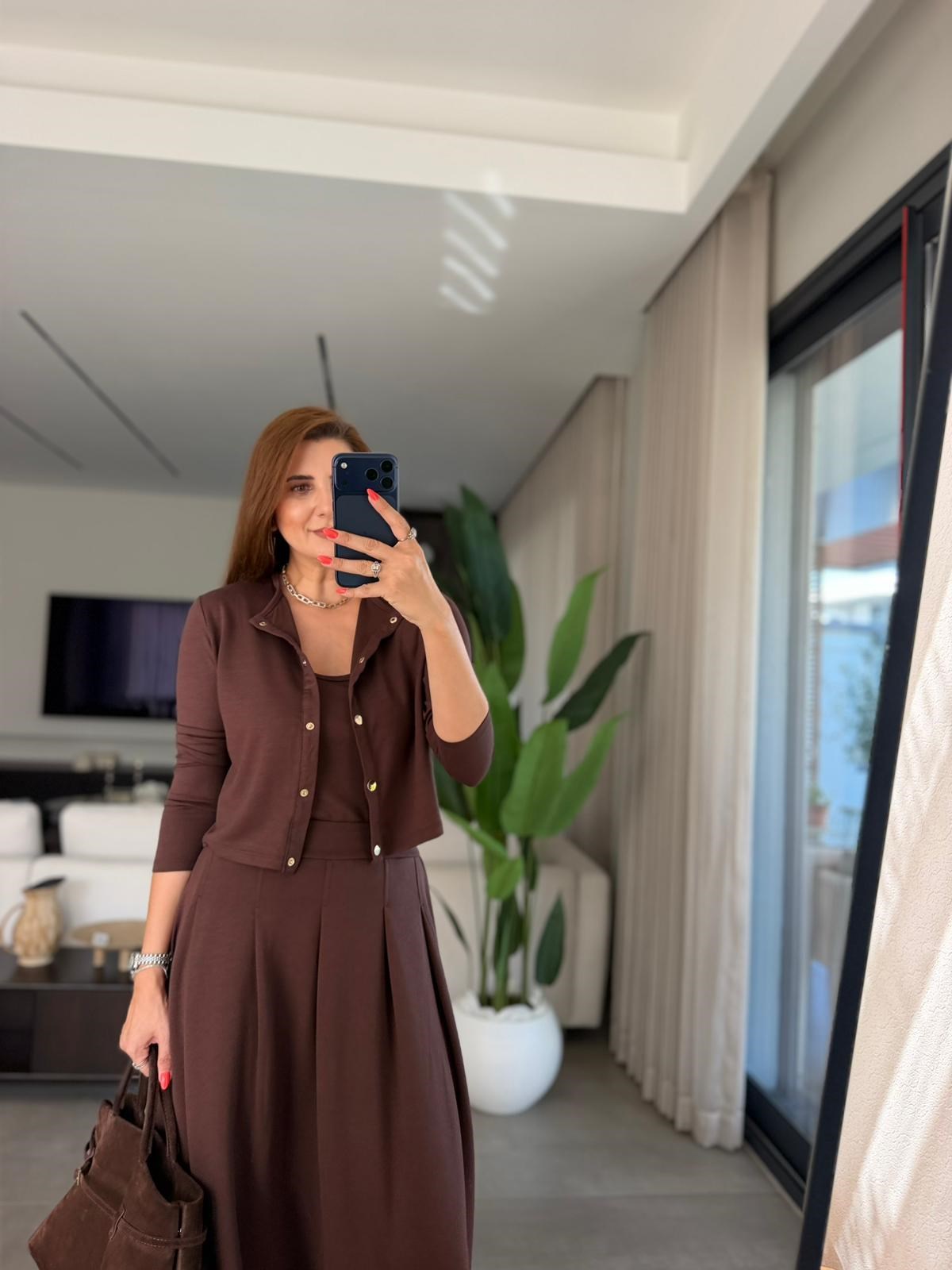 Acı Kahve Modal Ceketli Atletli Üçlü Etek Takım