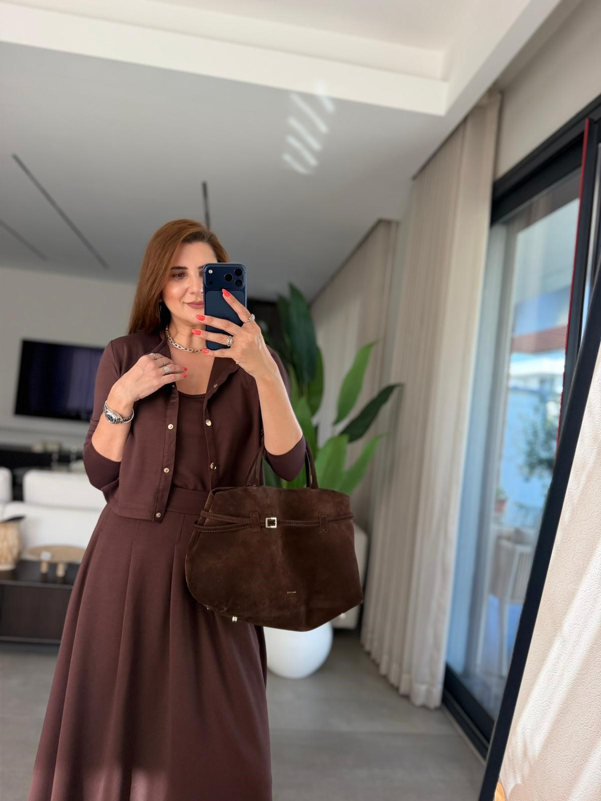 Acı Kahve Modal Ceketli Atletli Üçlü Etek Takım