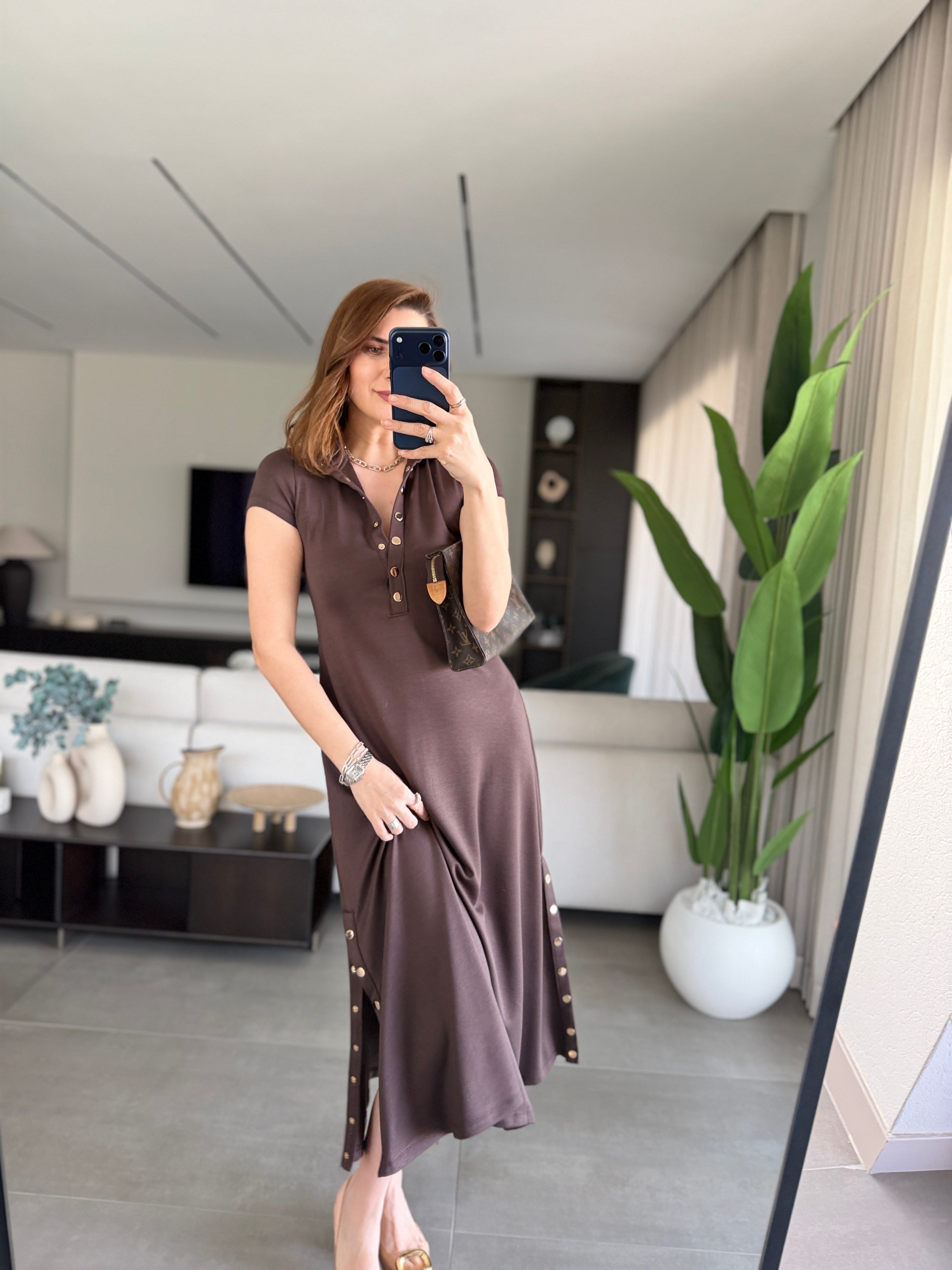 Acı Kahve Modal Çıtçıt Detaylı Elbise