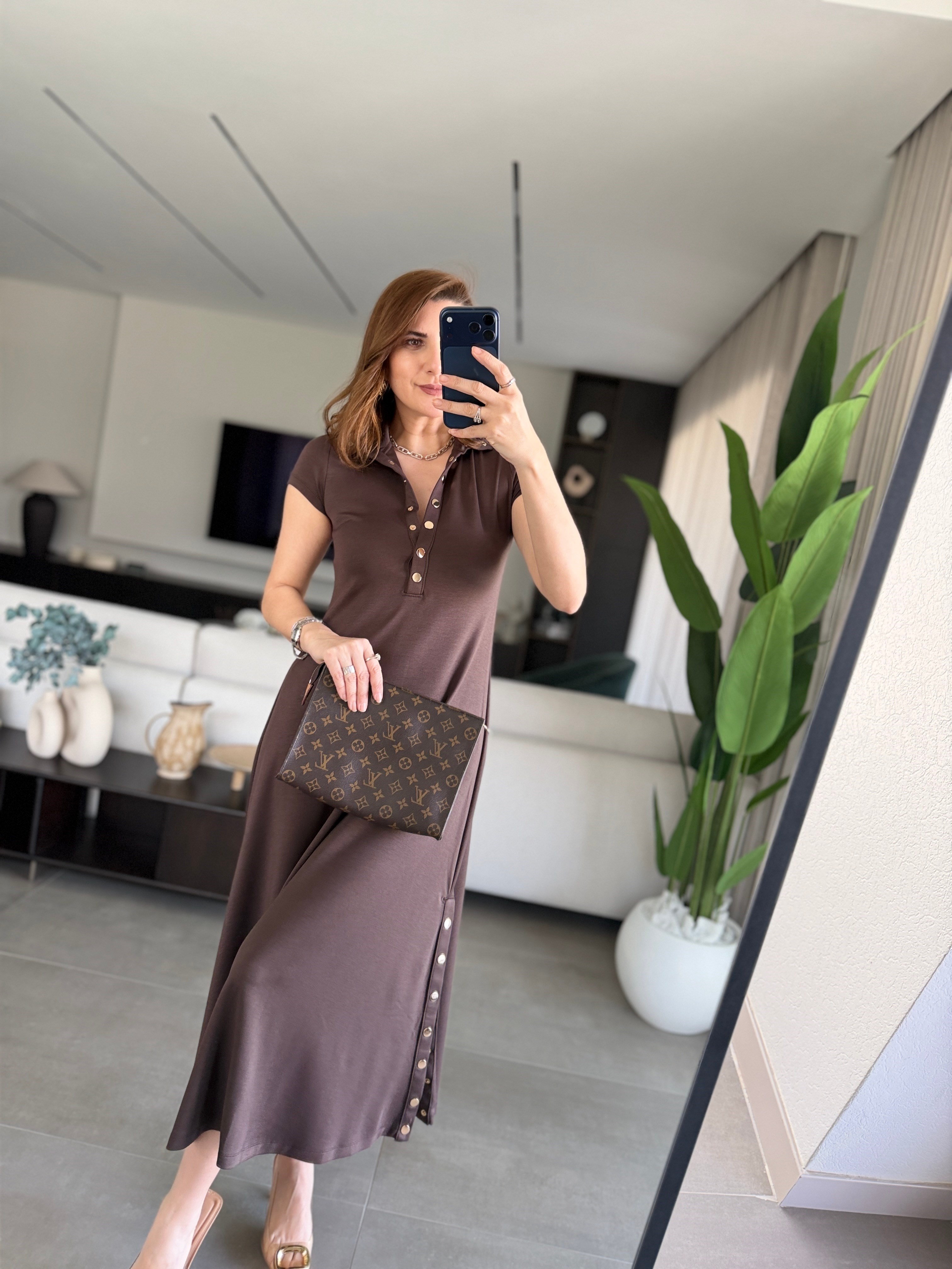 Acı Kahve Modal Çıtçıt Detaylı Elbise