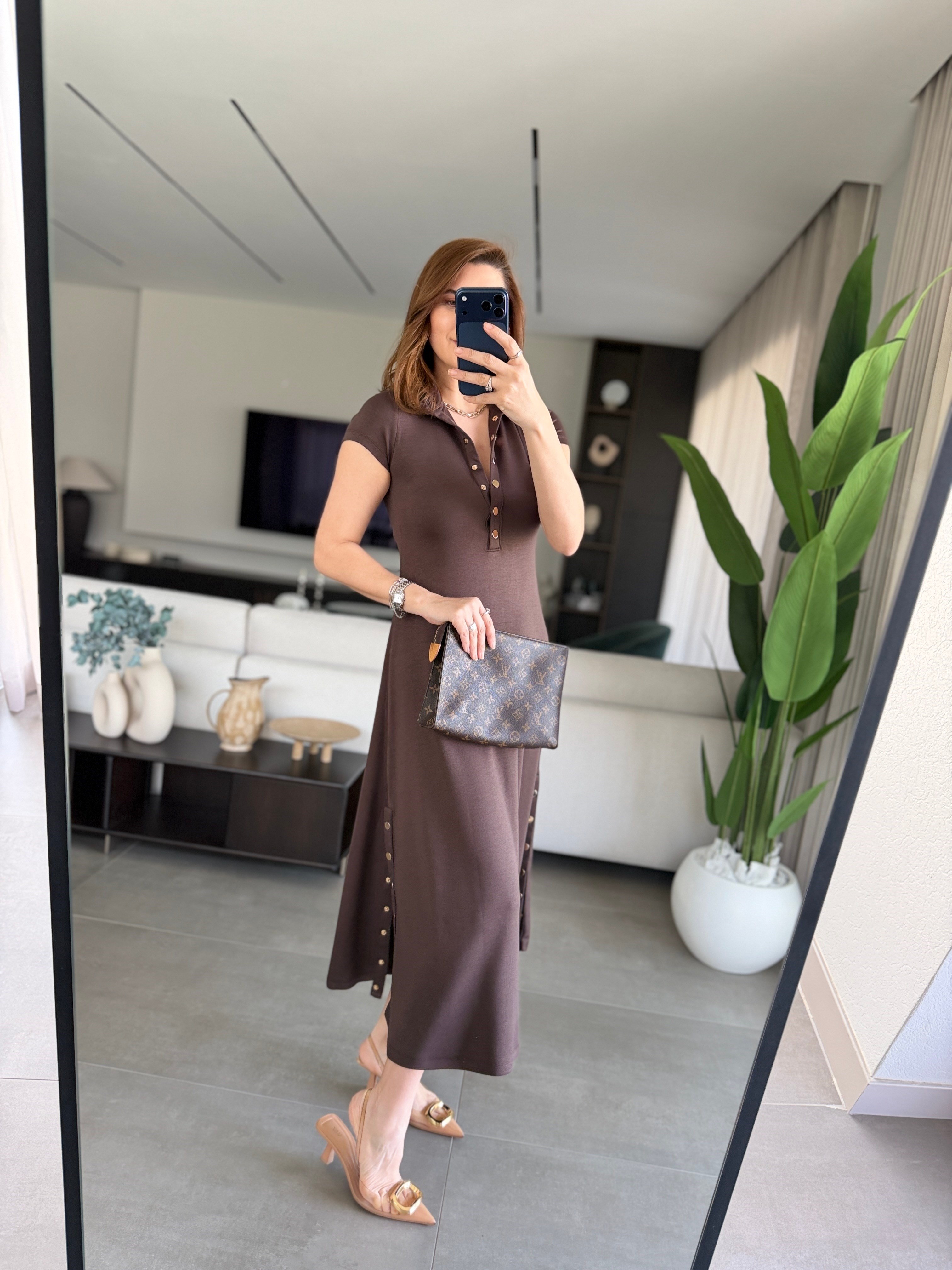 Acı Kahve Modal Çıtçıt Detaylı Elbise