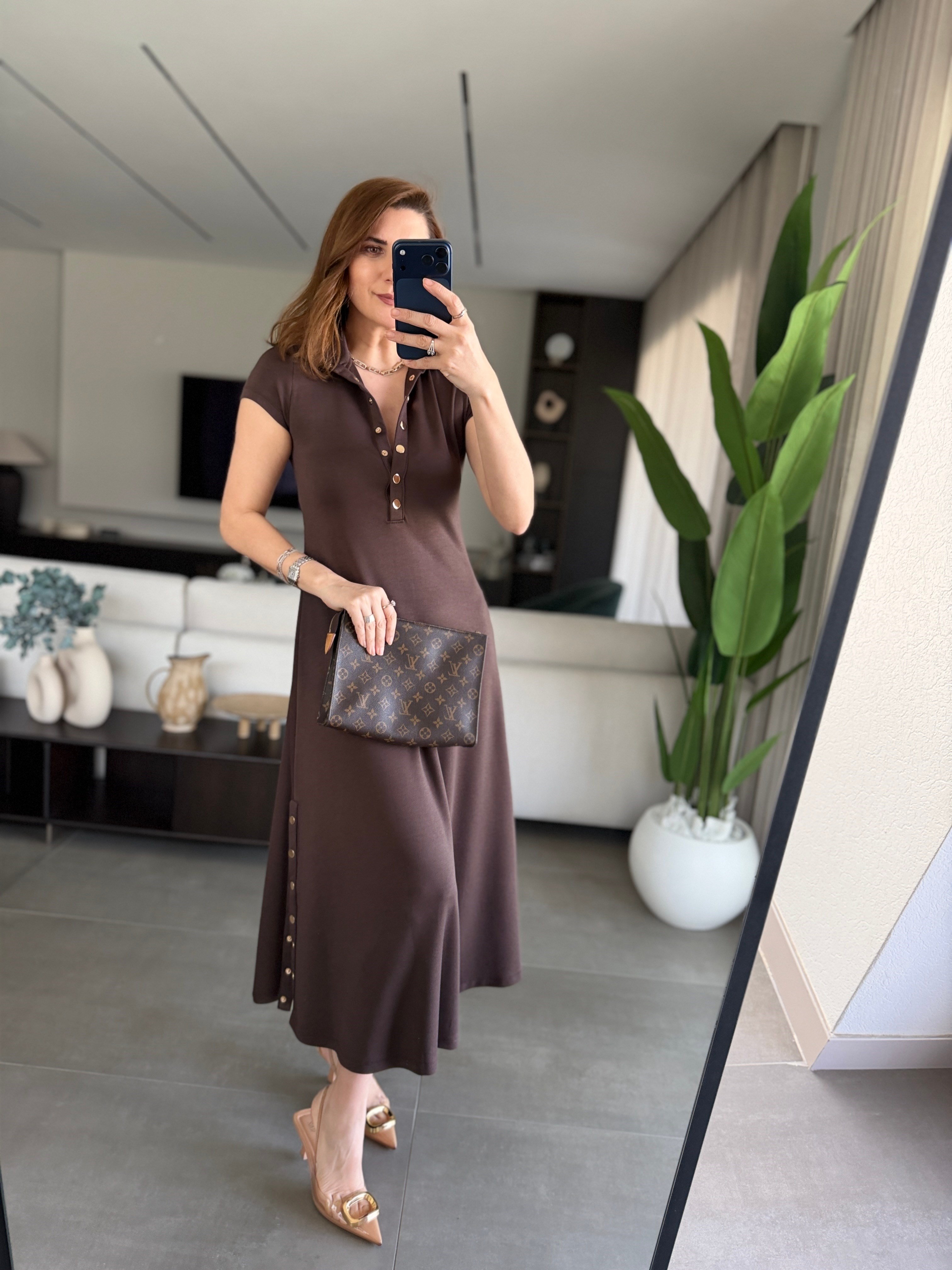 Acı Kahve Modal Çıtçıt Detaylı Elbise