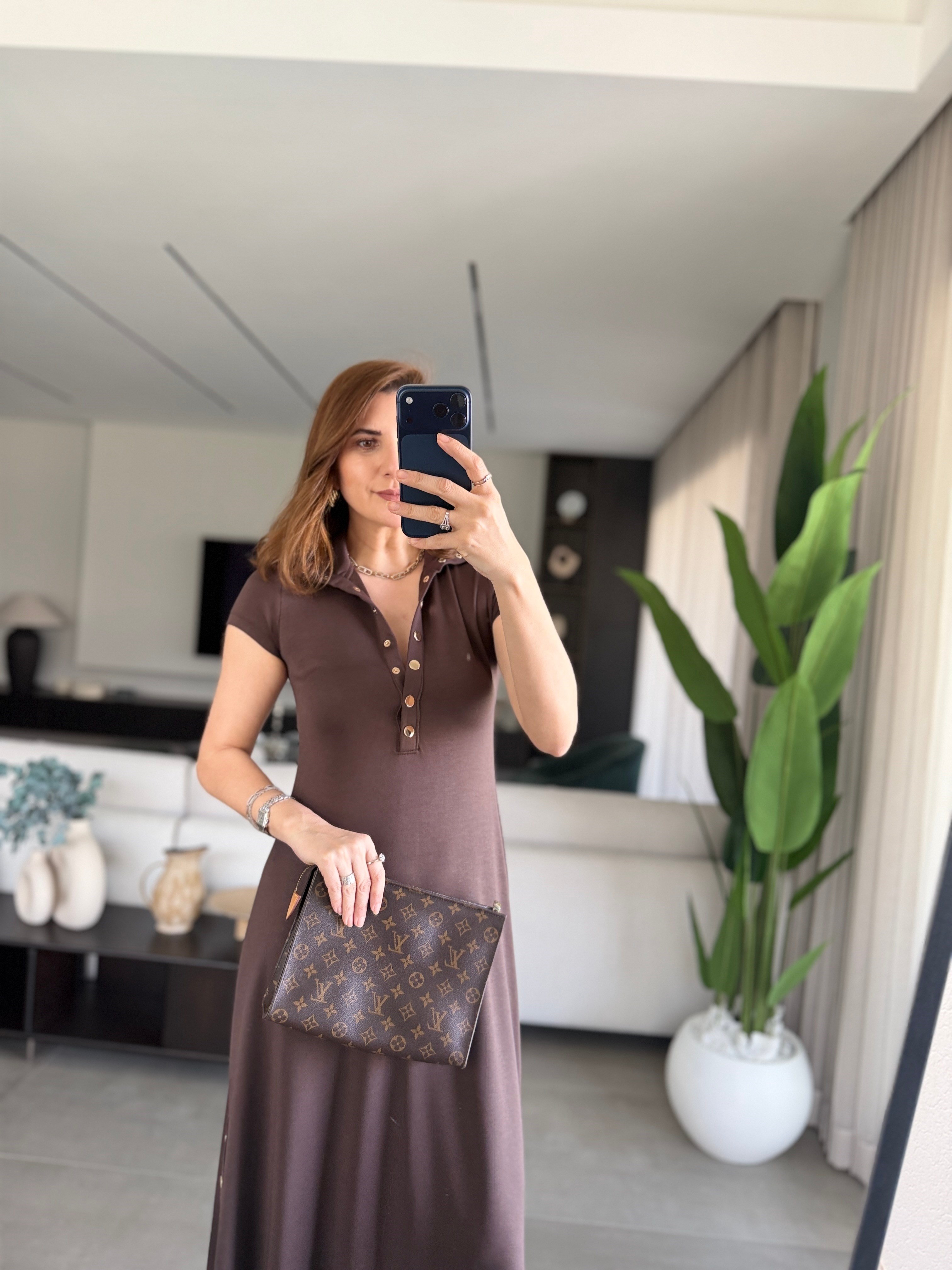 Acı Kahve Modal Çıtçıt Detaylı Elbise