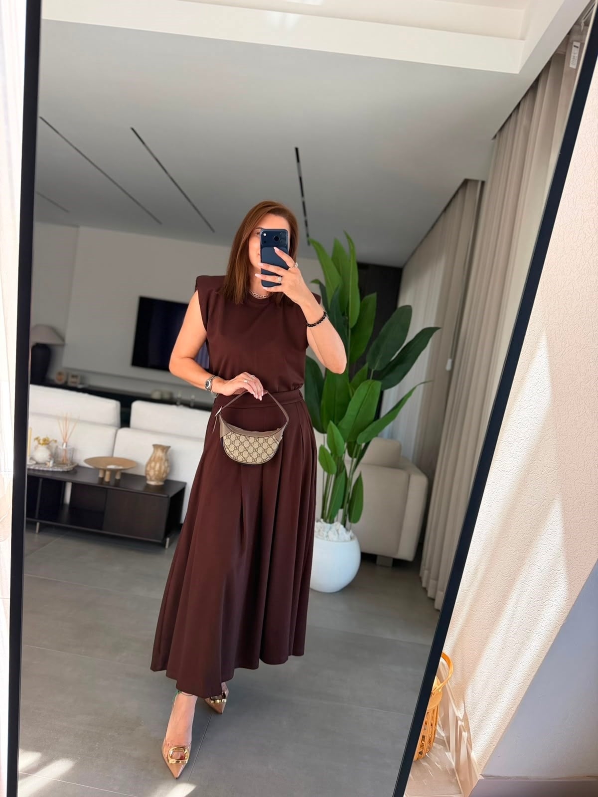 Acı Kahve Modal Etekli Vatkalı Bluz Takım