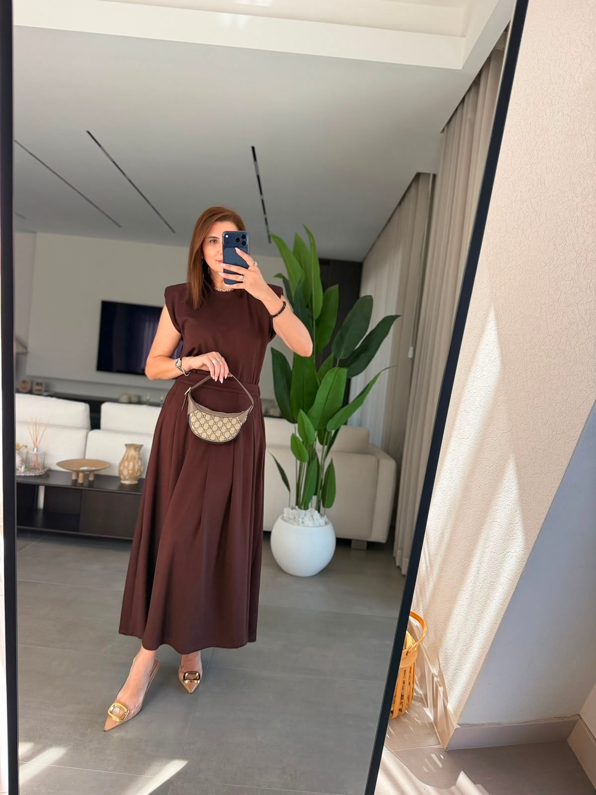 Acı Kahve Modal Etekli Vatkalı Bluz Takım