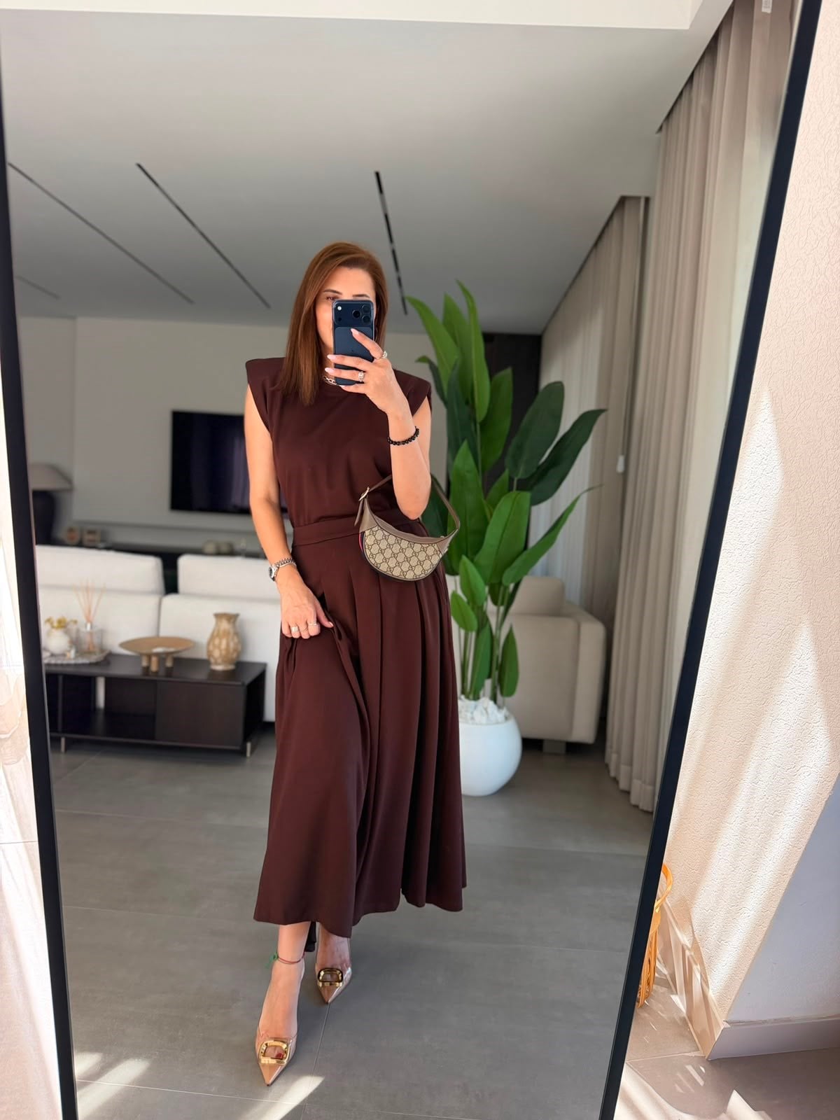 Acı Kahve Modal Etekli Vatkalı Bluz Takım