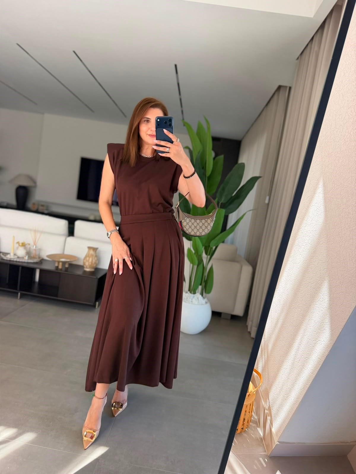 Acı Kahve Modal Etekli Vatkalı Bluz Takım