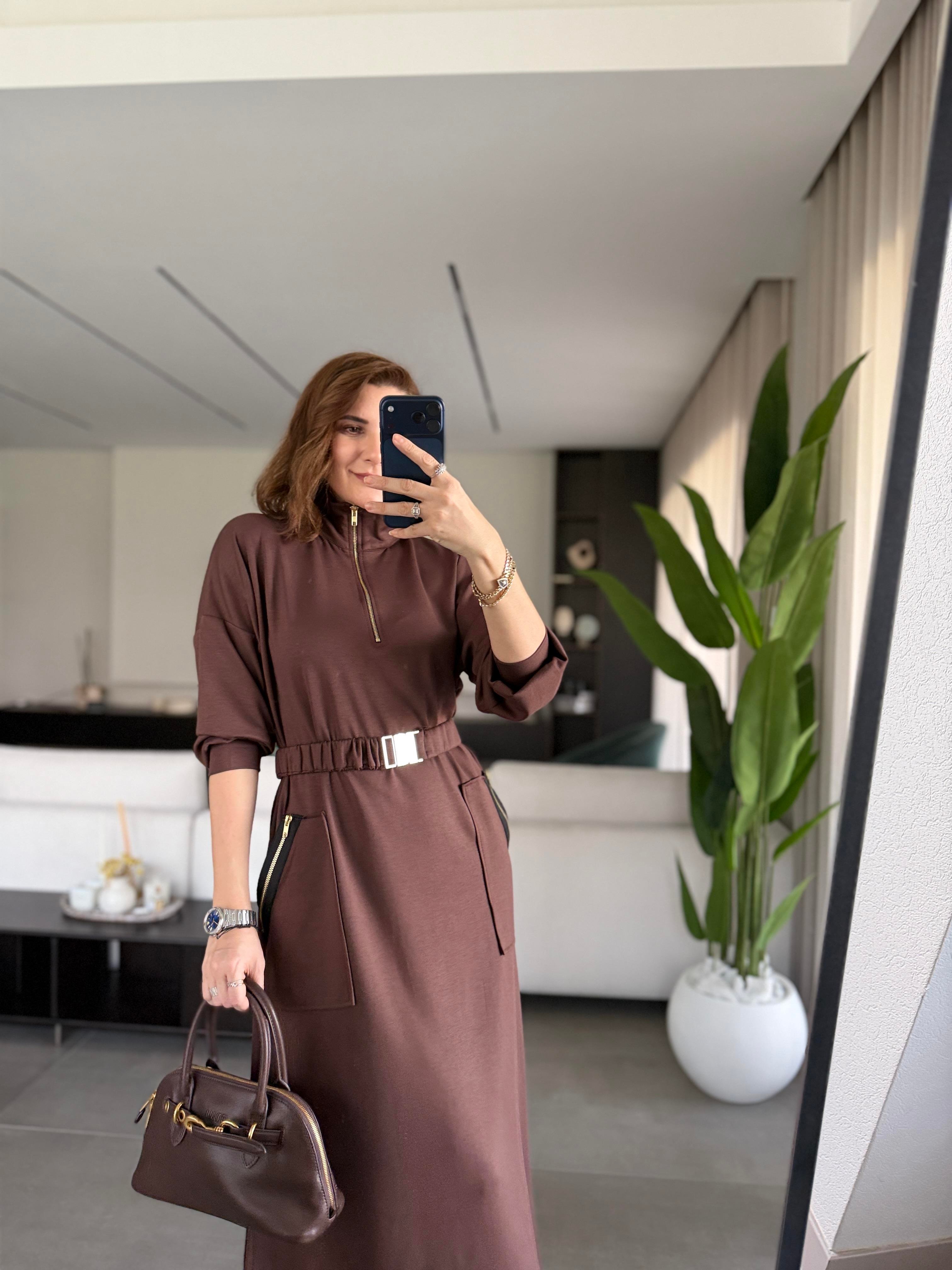 Acı Kahve Modal Fermuar Detaylı Kemerli Elbise