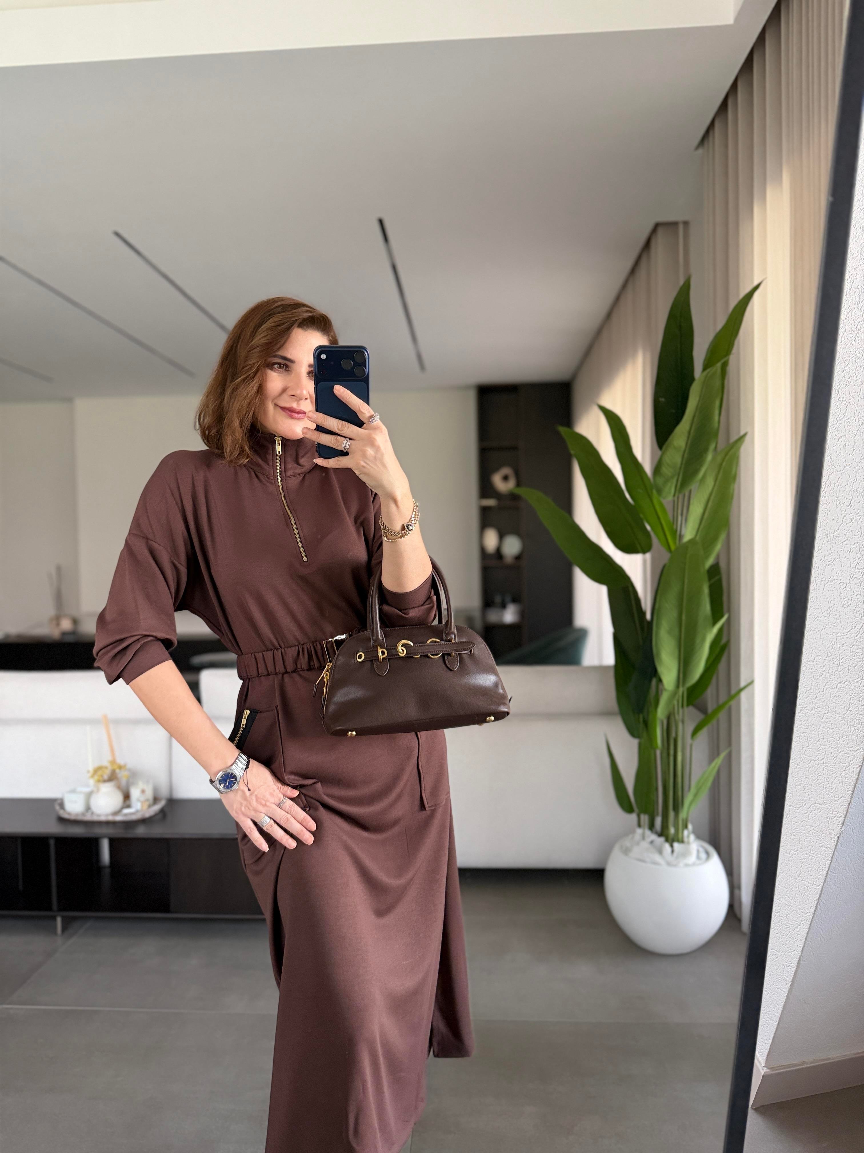 Acı Kahve Modal Fermuar Detaylı Kemerli Elbise