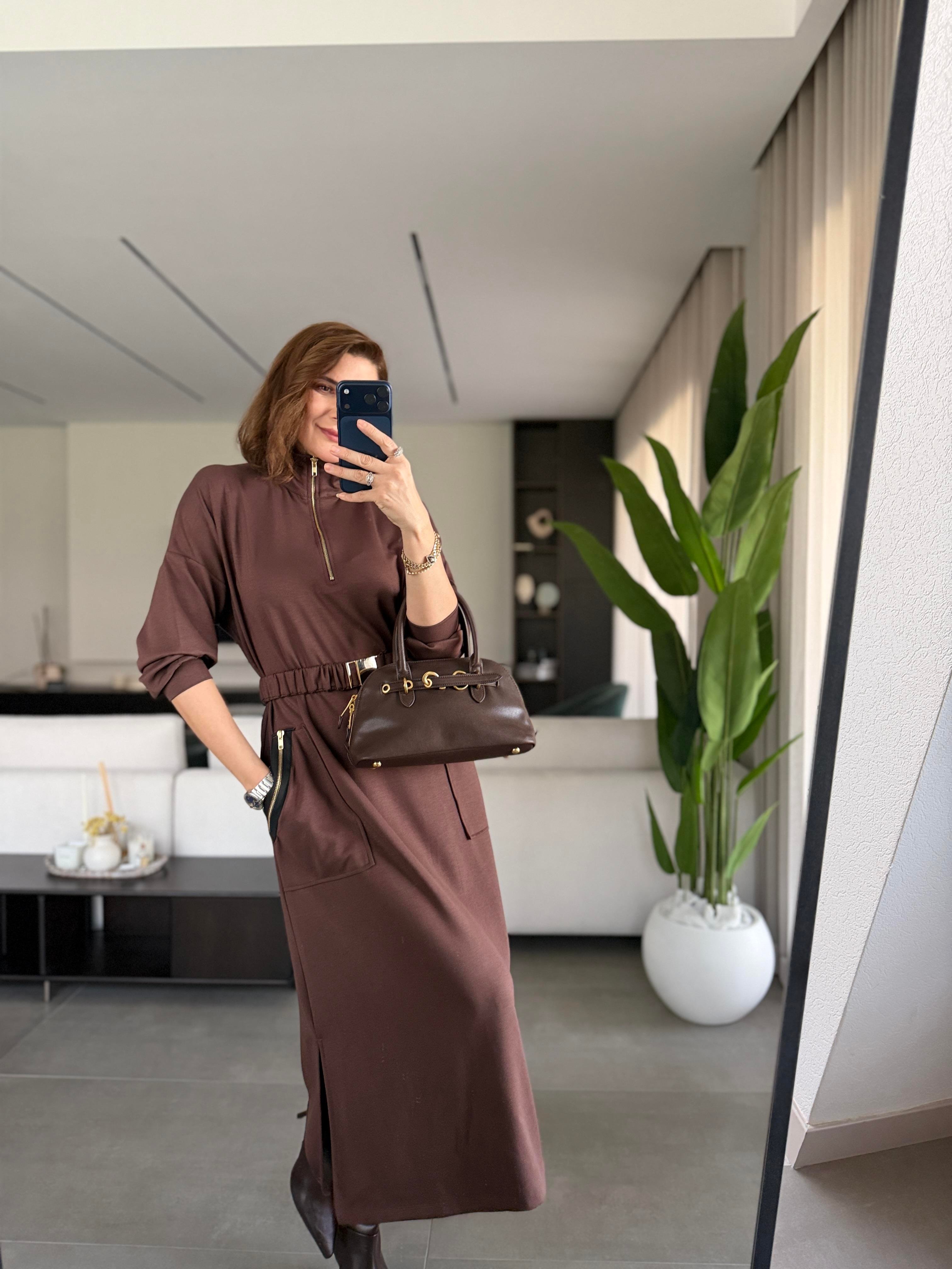 Acı Kahve Modal Fermuar Detaylı Kemerli Elbise