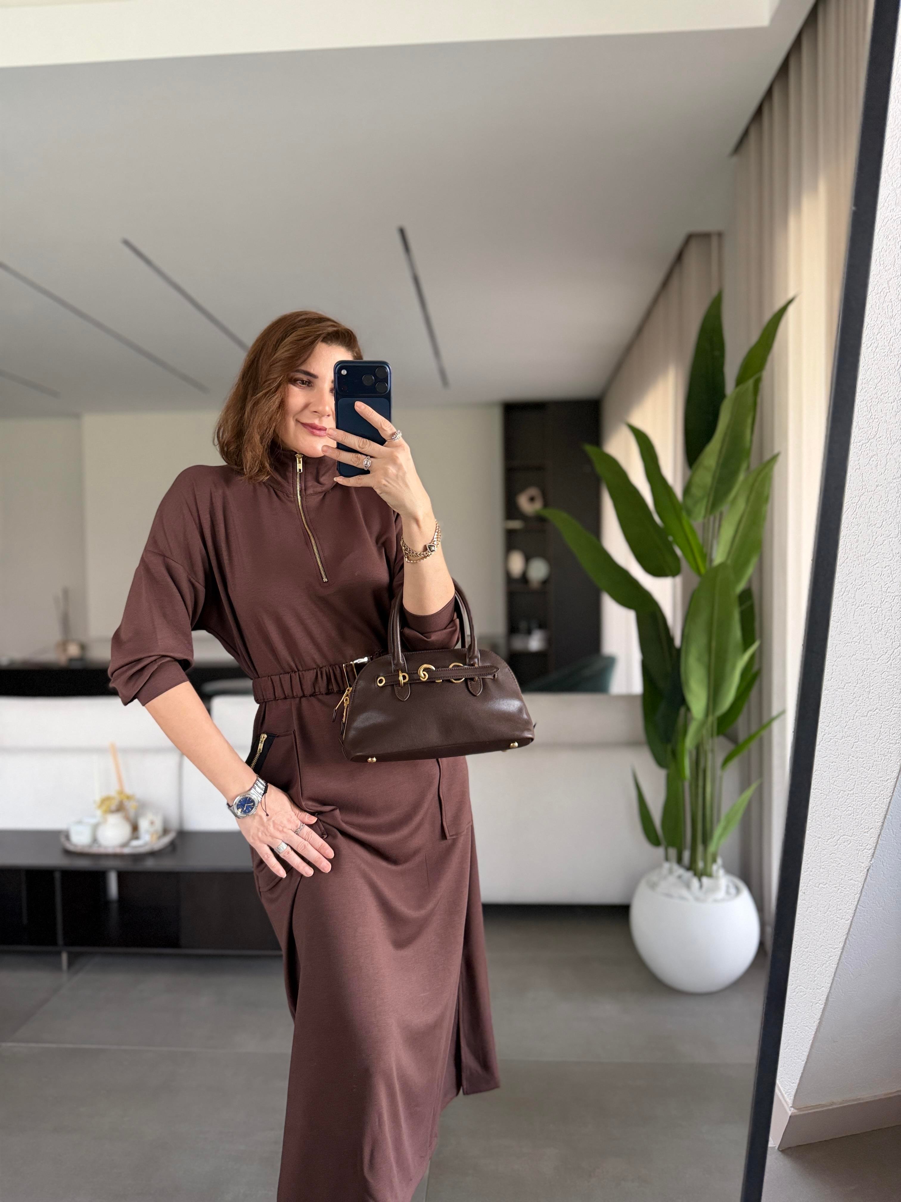 Acı Kahve Modal Fermuar Detaylı Kemerli Elbise