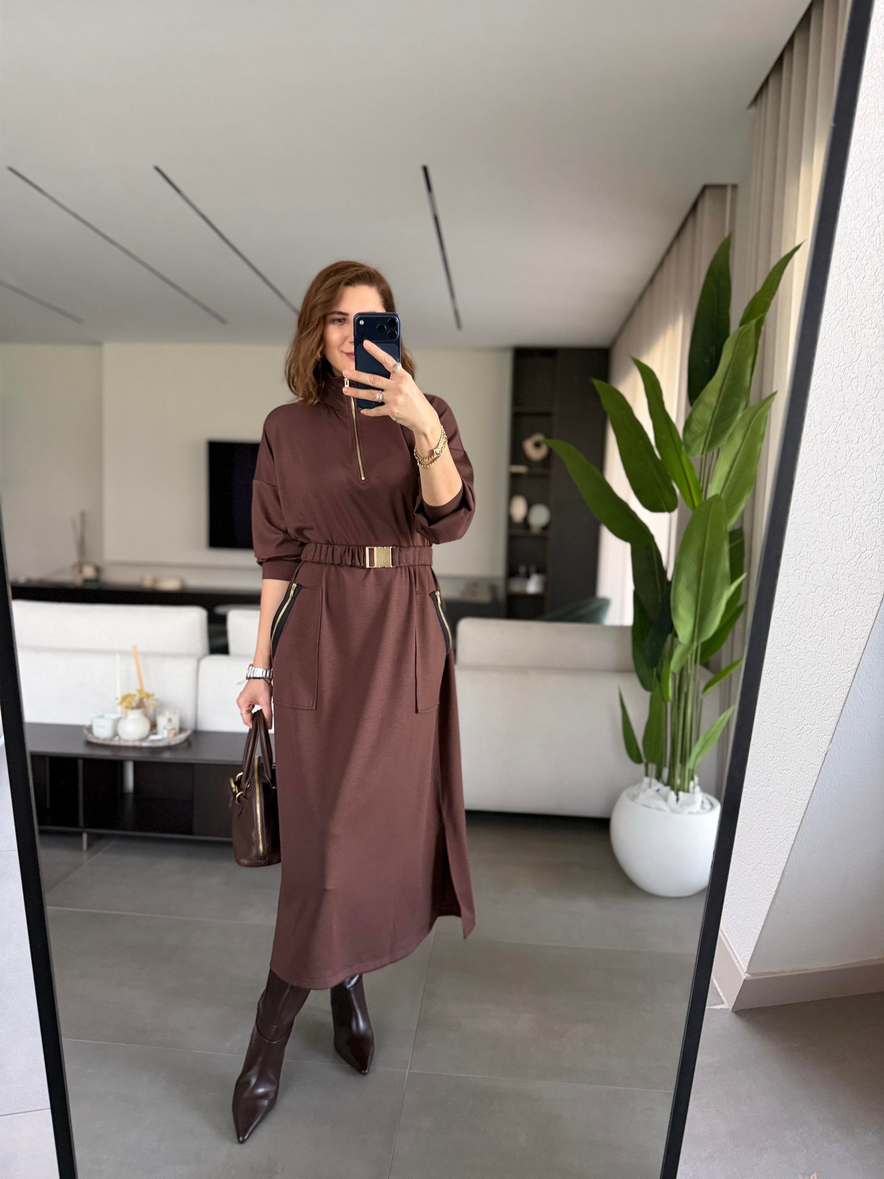Acı Kahve Modal Fermuar Detaylı Kemerli Elbise