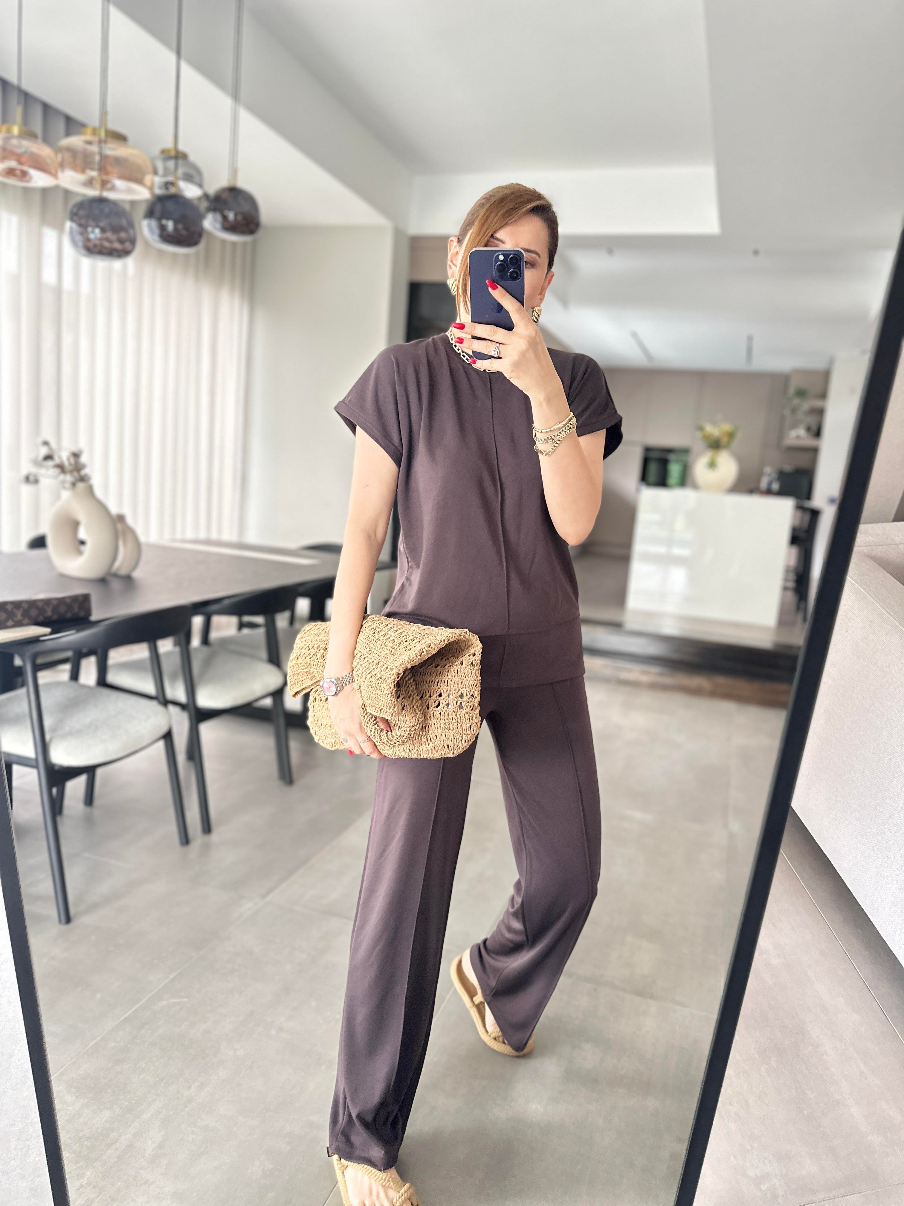 Acı Kahve Modal Kumaş Çımalı T-Shirt Pantolonlu Takım