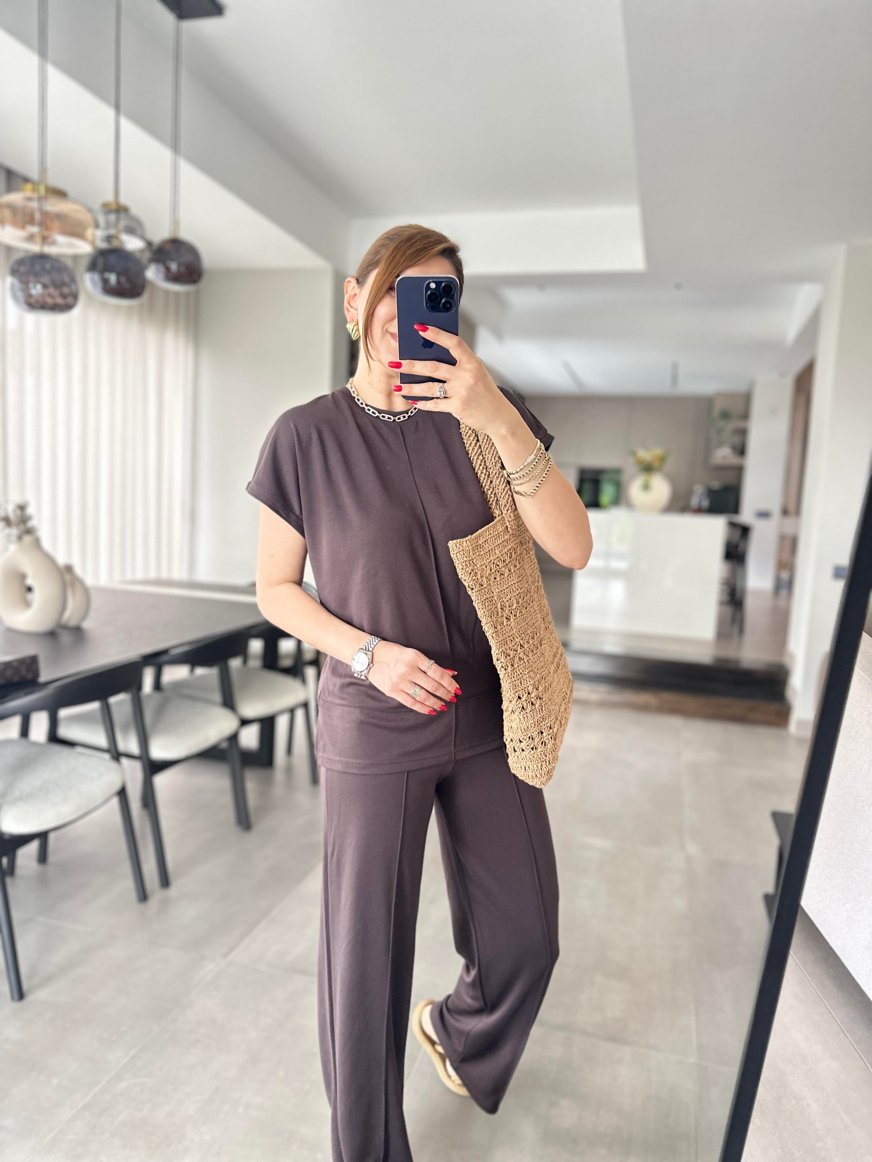 Acı Kahve Modal Kumaş Çımalı T-Shirt Pantolonlu Takım