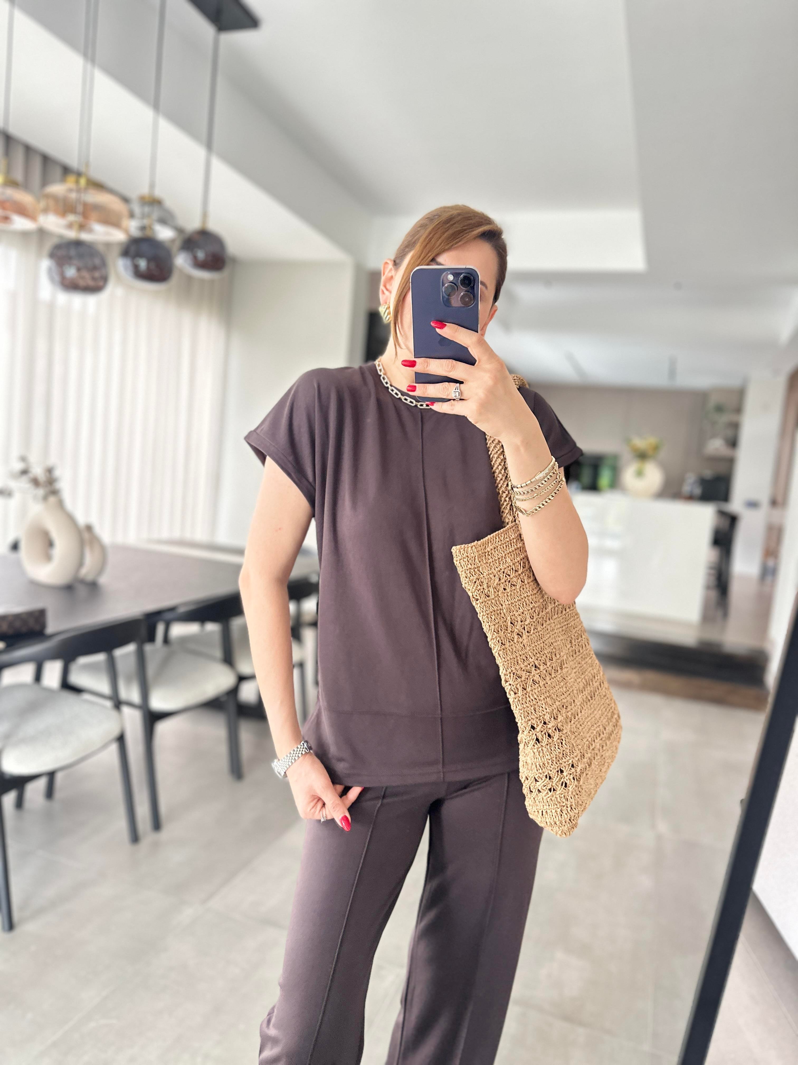 Acı Kahve Modal Kumaş Çımalı T-Shirt Pantolonlu Takım