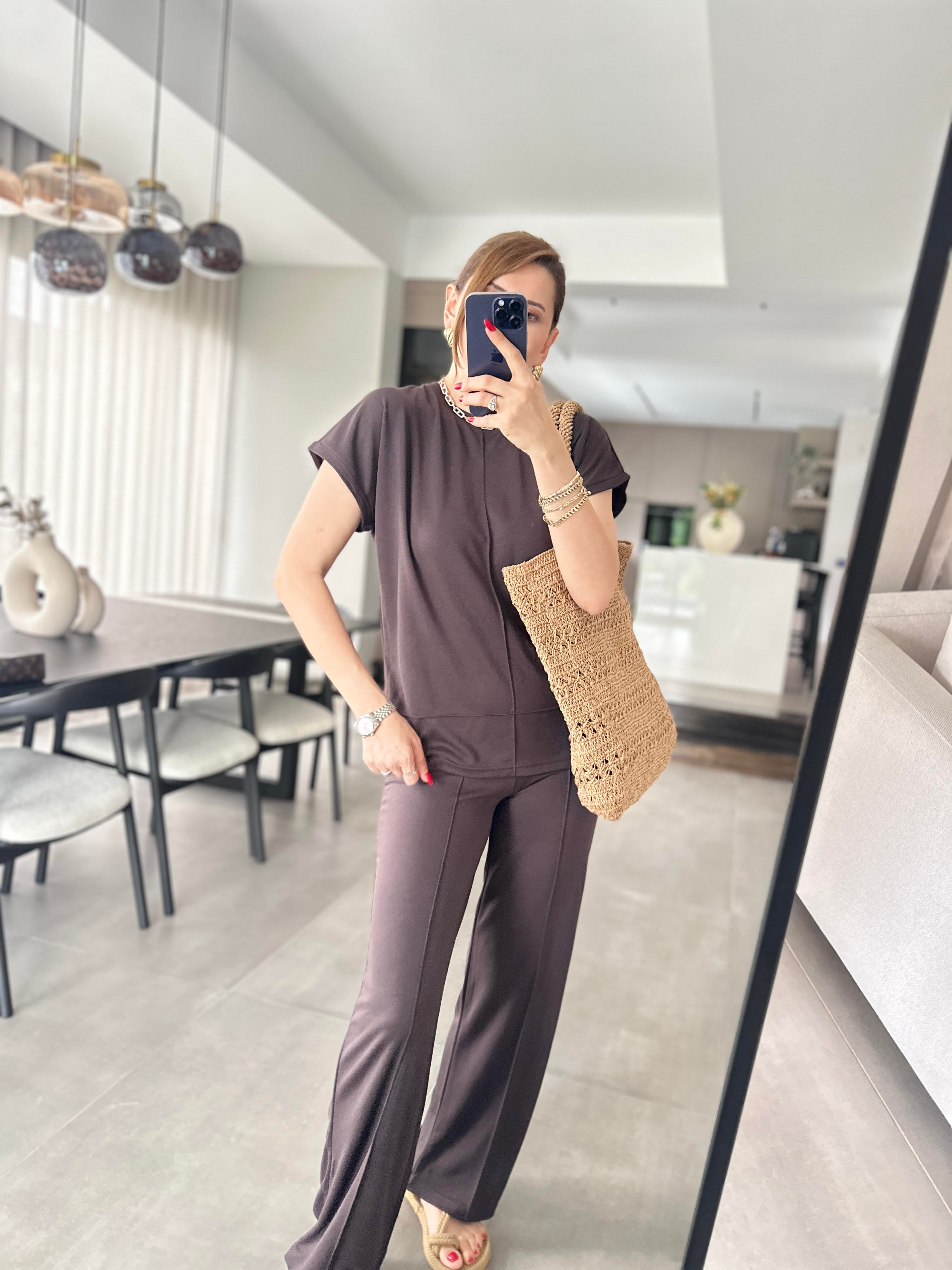 Acı Kahve Modal Kumaş Çımalı T-Shirt Pantolonlu Takım