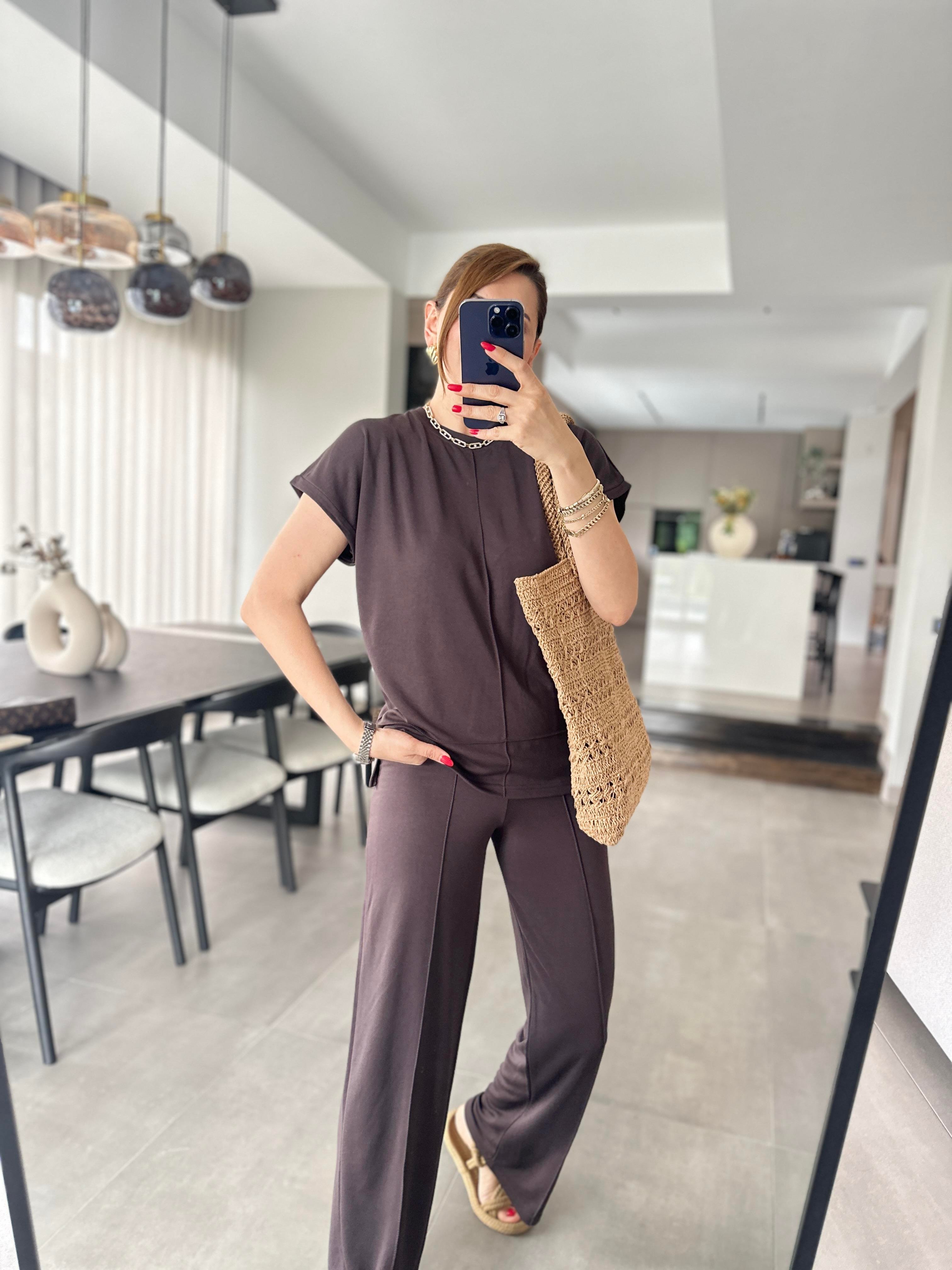 Acı Kahve Modal Kumaş Çımalı T-Shirt Pantolonlu Takım
