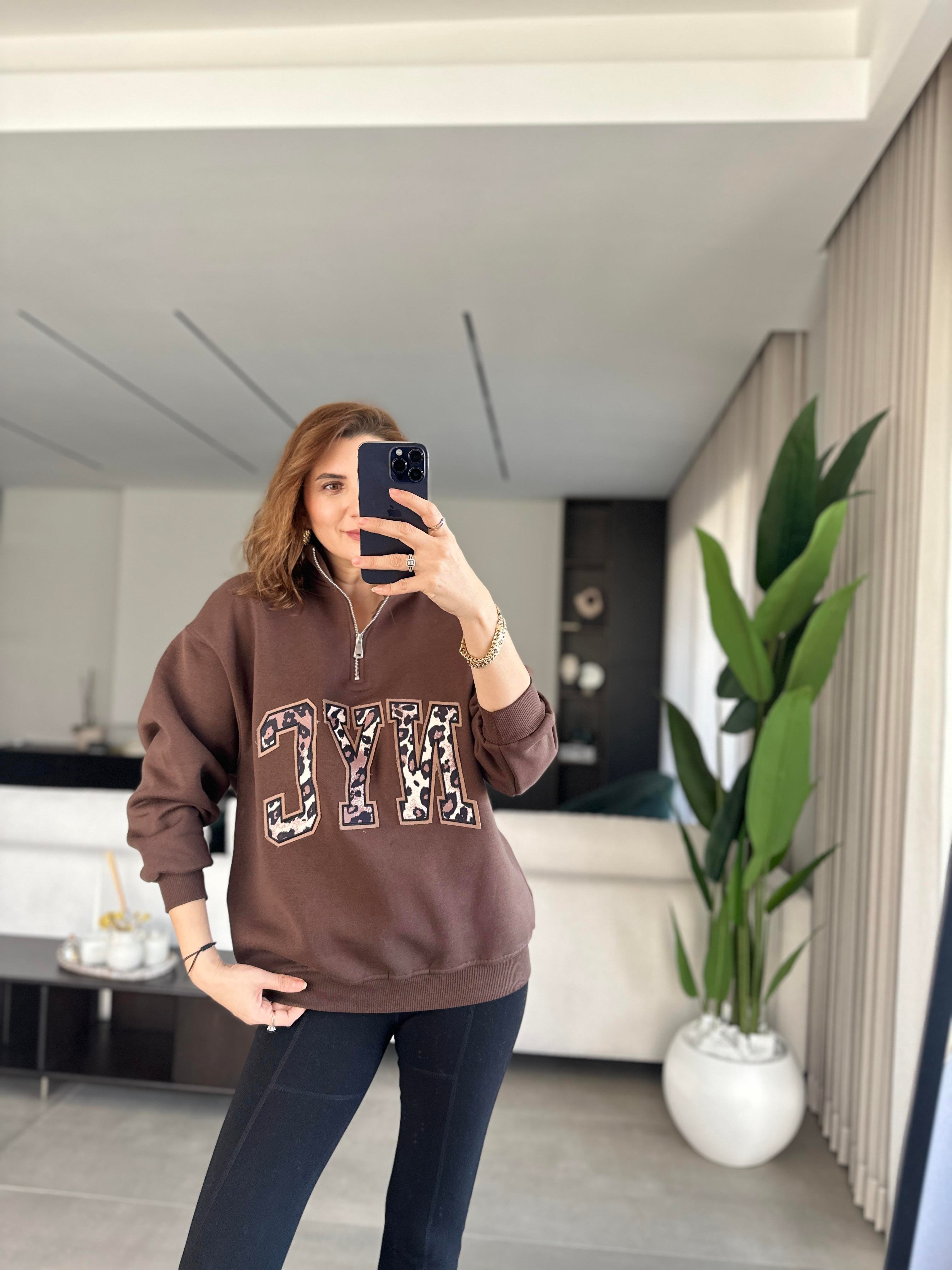 Acı Kahve NYC Baskılı Yaka Fermuarlı Sweat