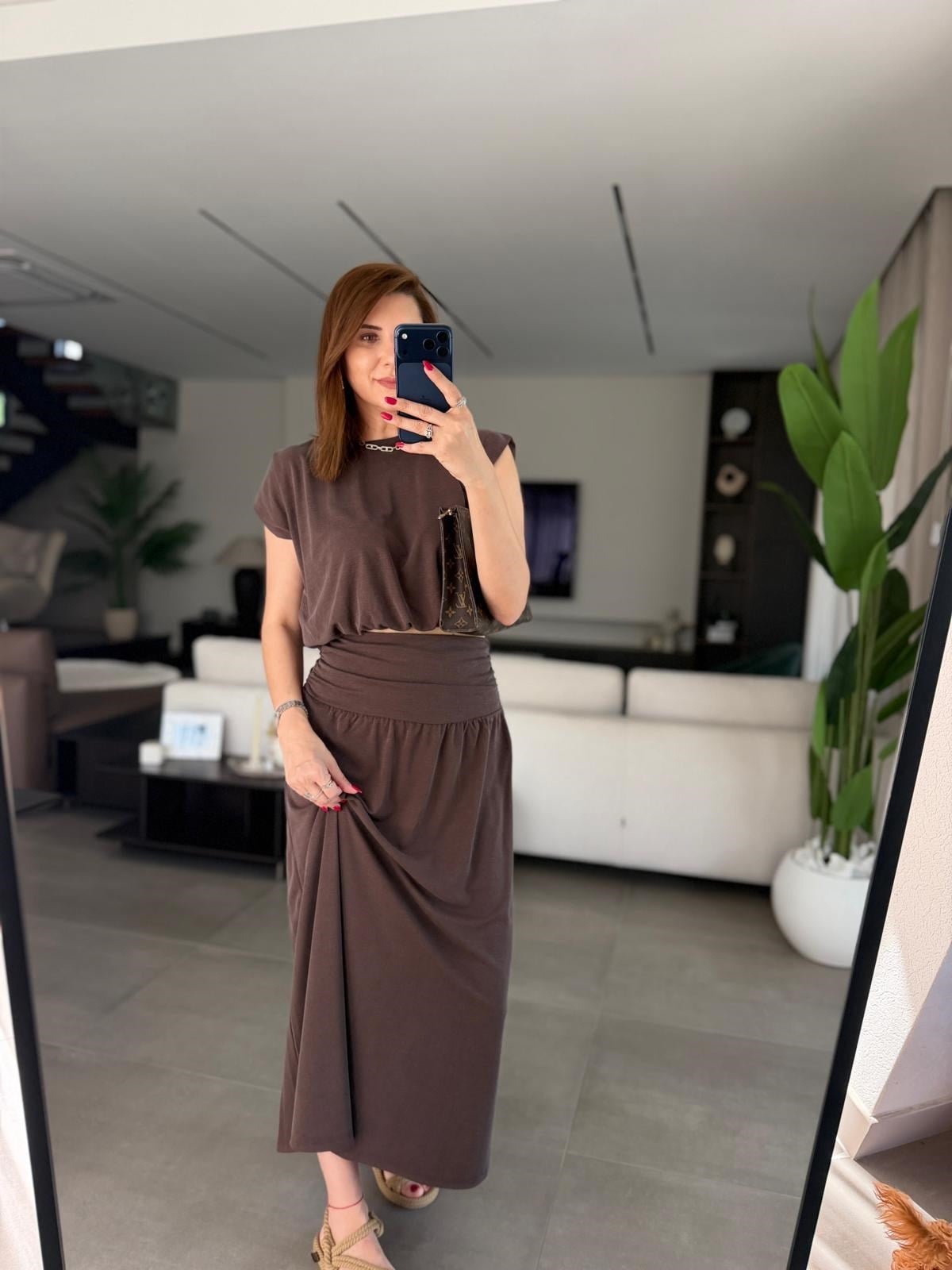 Acı Kahve Omuz Pileli Kemer Korsajlı Pike Etek Takım