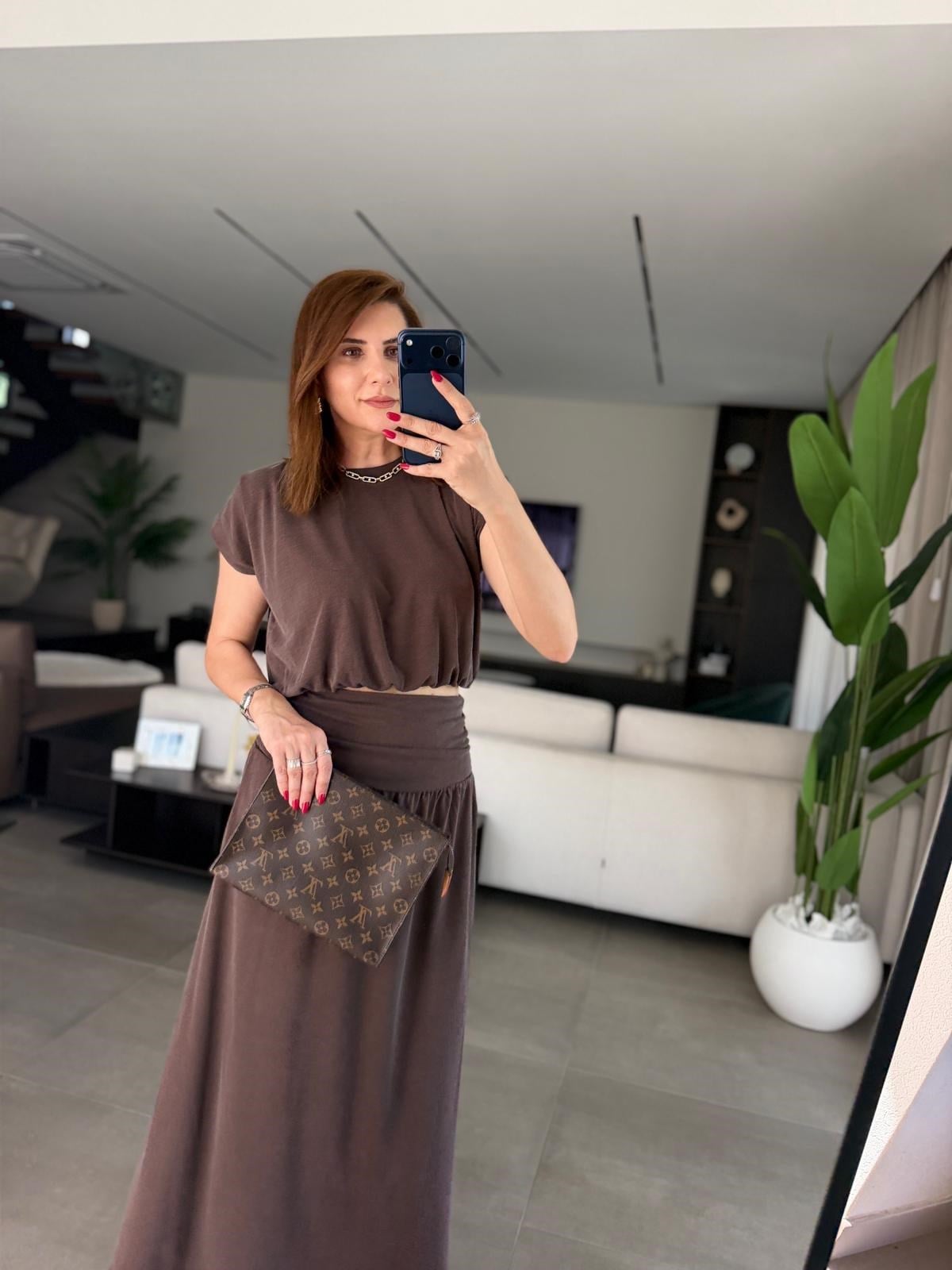 Acı Kahve Omuz Pileli Kemer Korsajlı Pike Etek Takım