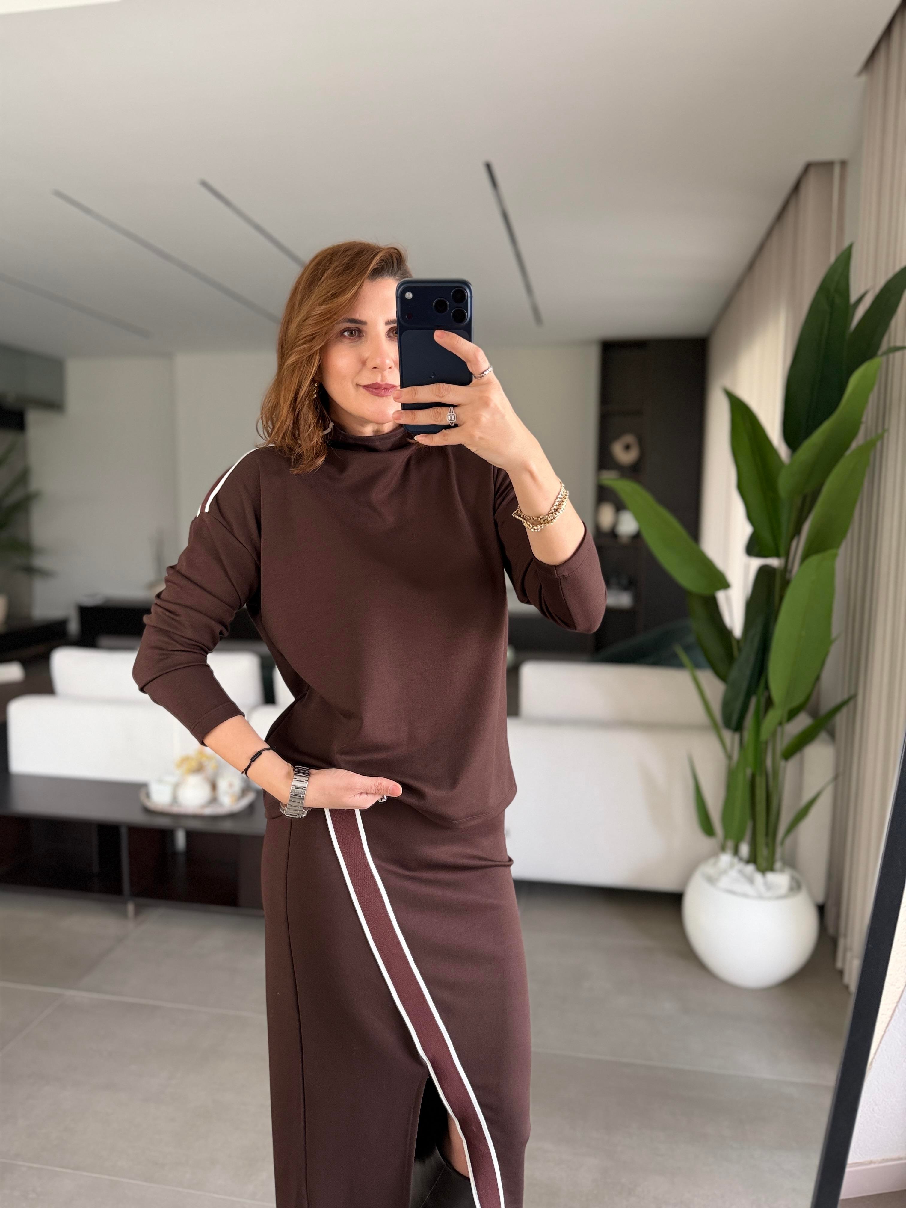 Acı Kahve Omuz Şerit Detay Yırtmaçlı Etek Takım