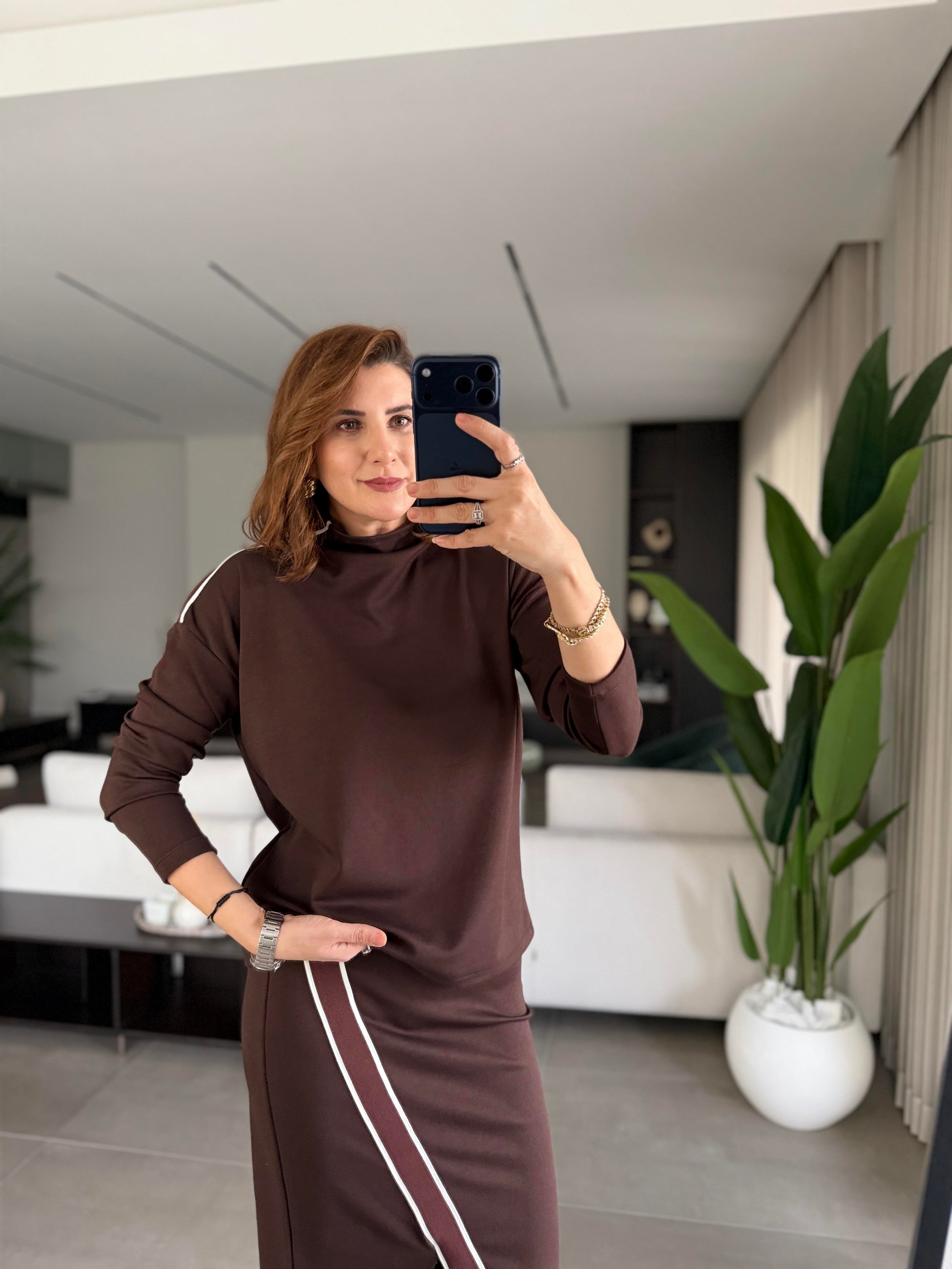 Acı Kahve Omuz Şerit Detay Yırtmaçlı Etek Takım