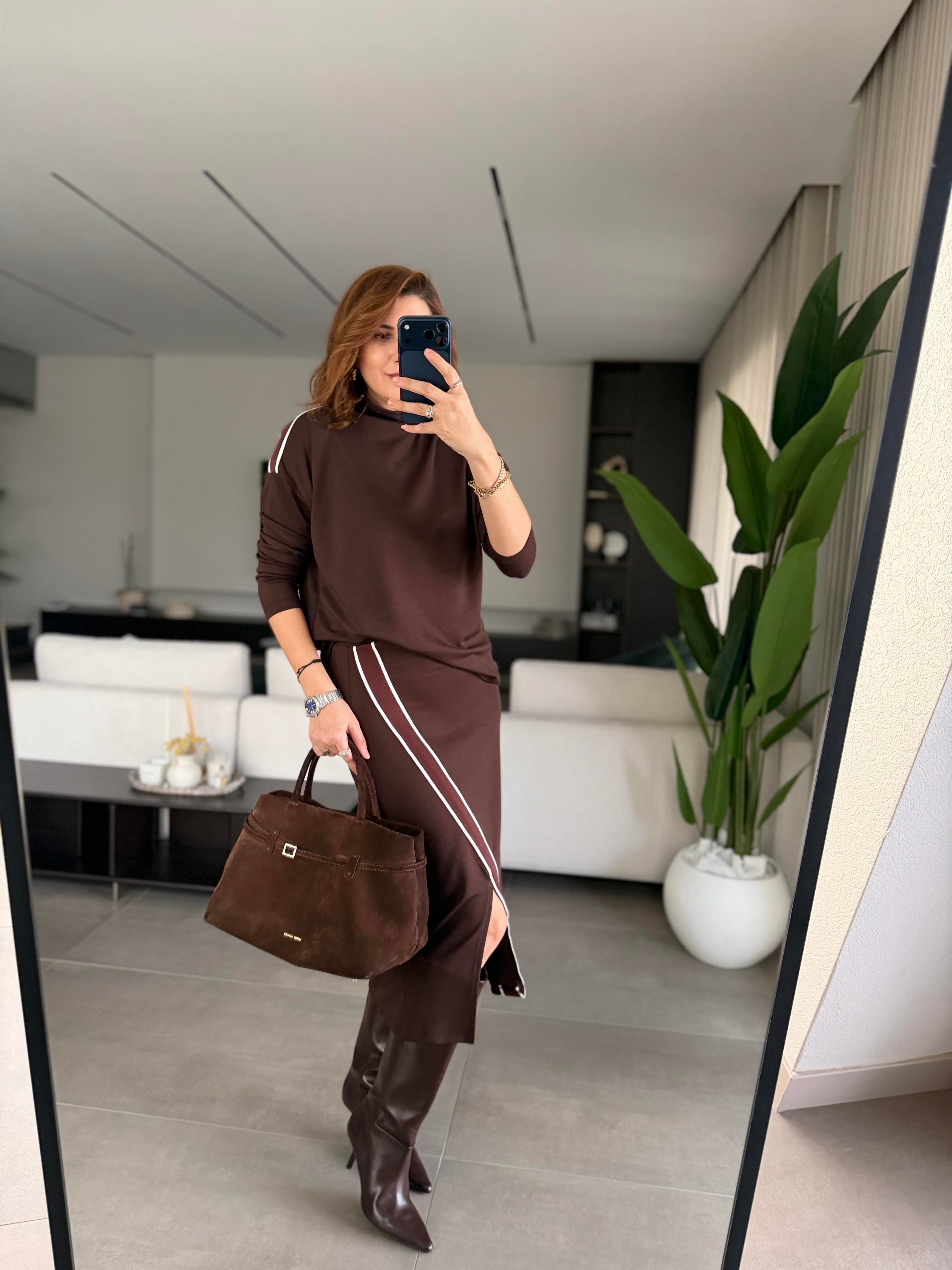 Acı Kahve Omuz Şerit Detay Yırtmaçlı Etek Takım