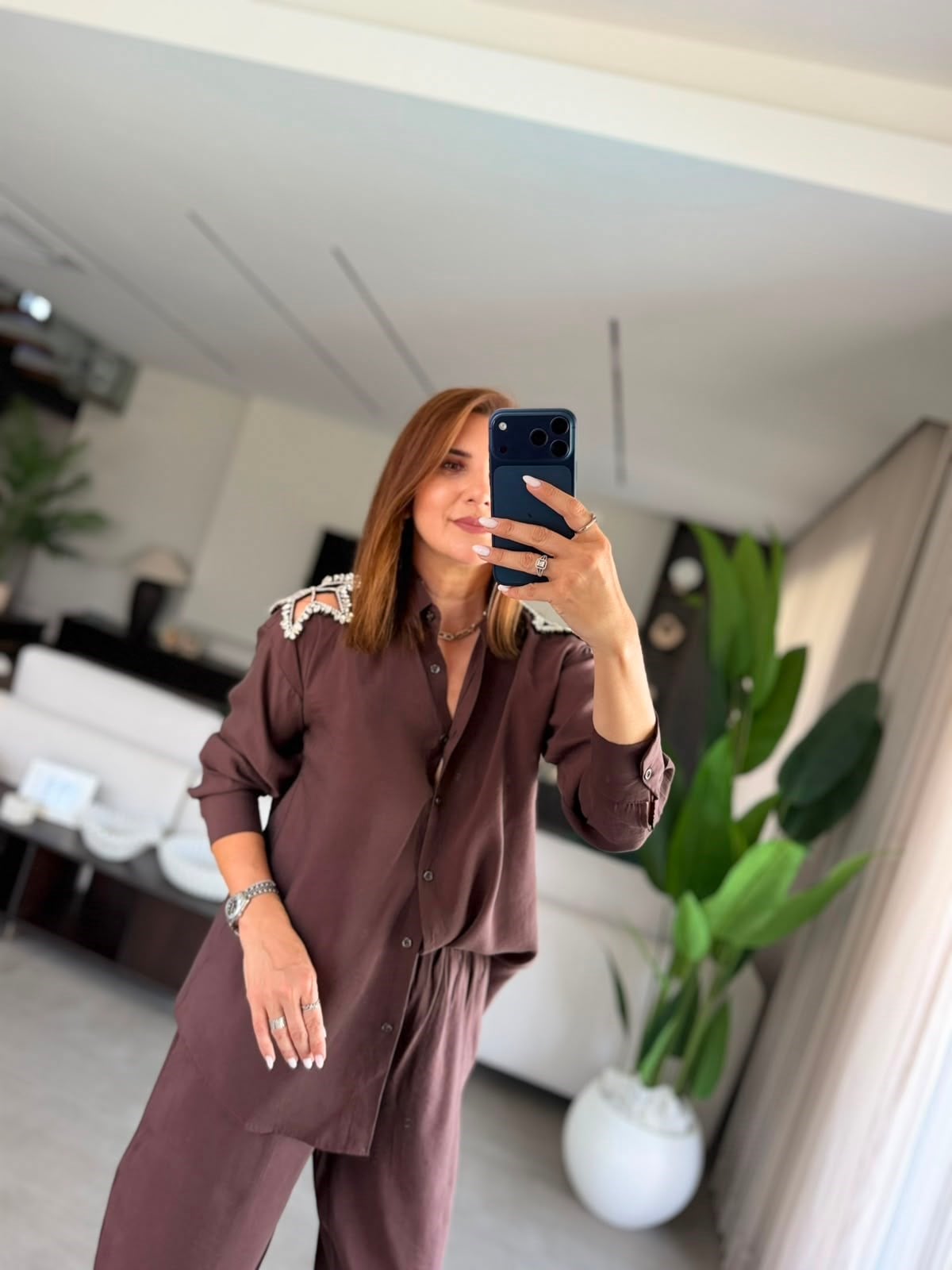 Acı Kahve Omuz Taşlı Gömlek Takım
