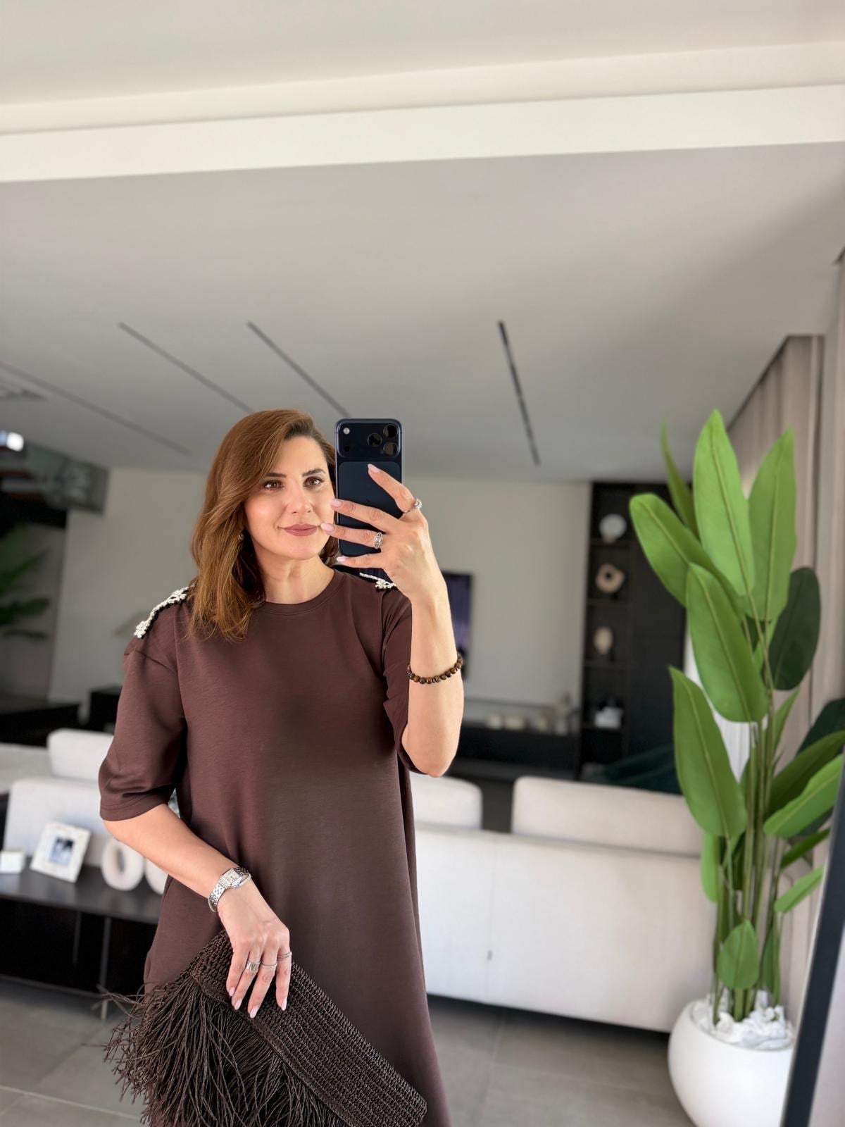 Acı Kahve Omuz Yıldız Taşlı Elbise