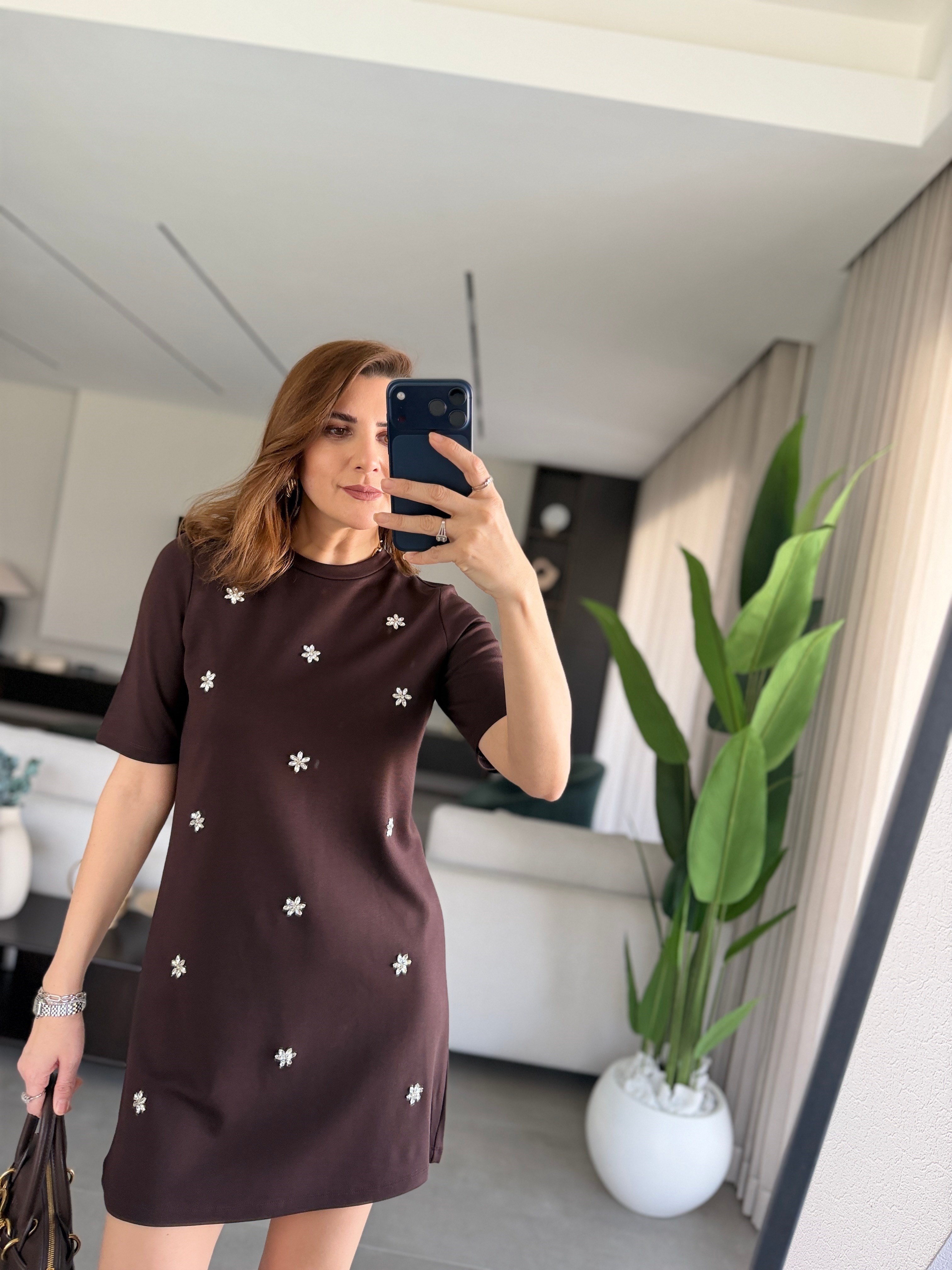 Acı Kahve Önü Çiçek Taşlı Elbise