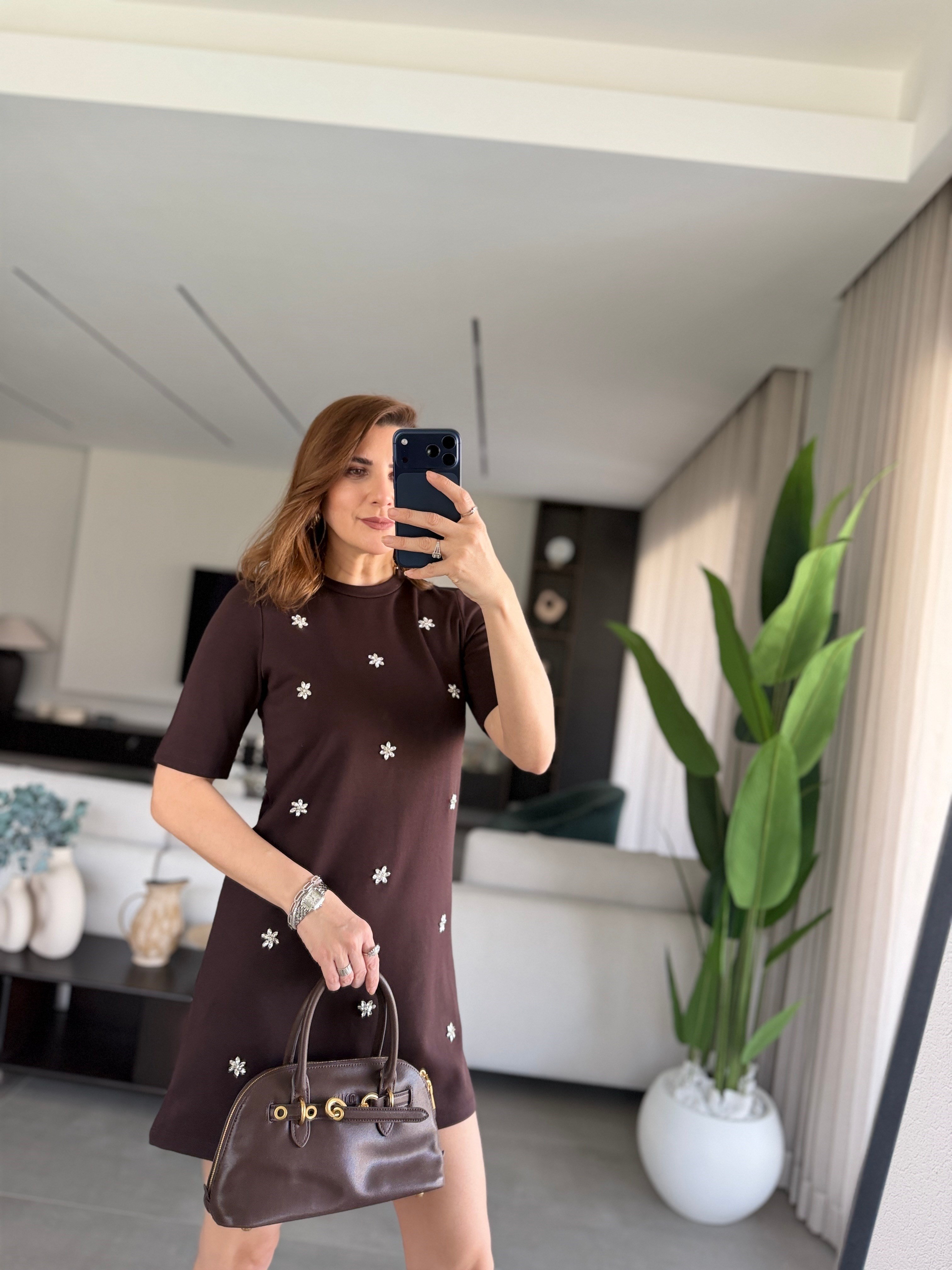 Acı Kahve Önü Çiçek Taşlı Elbise