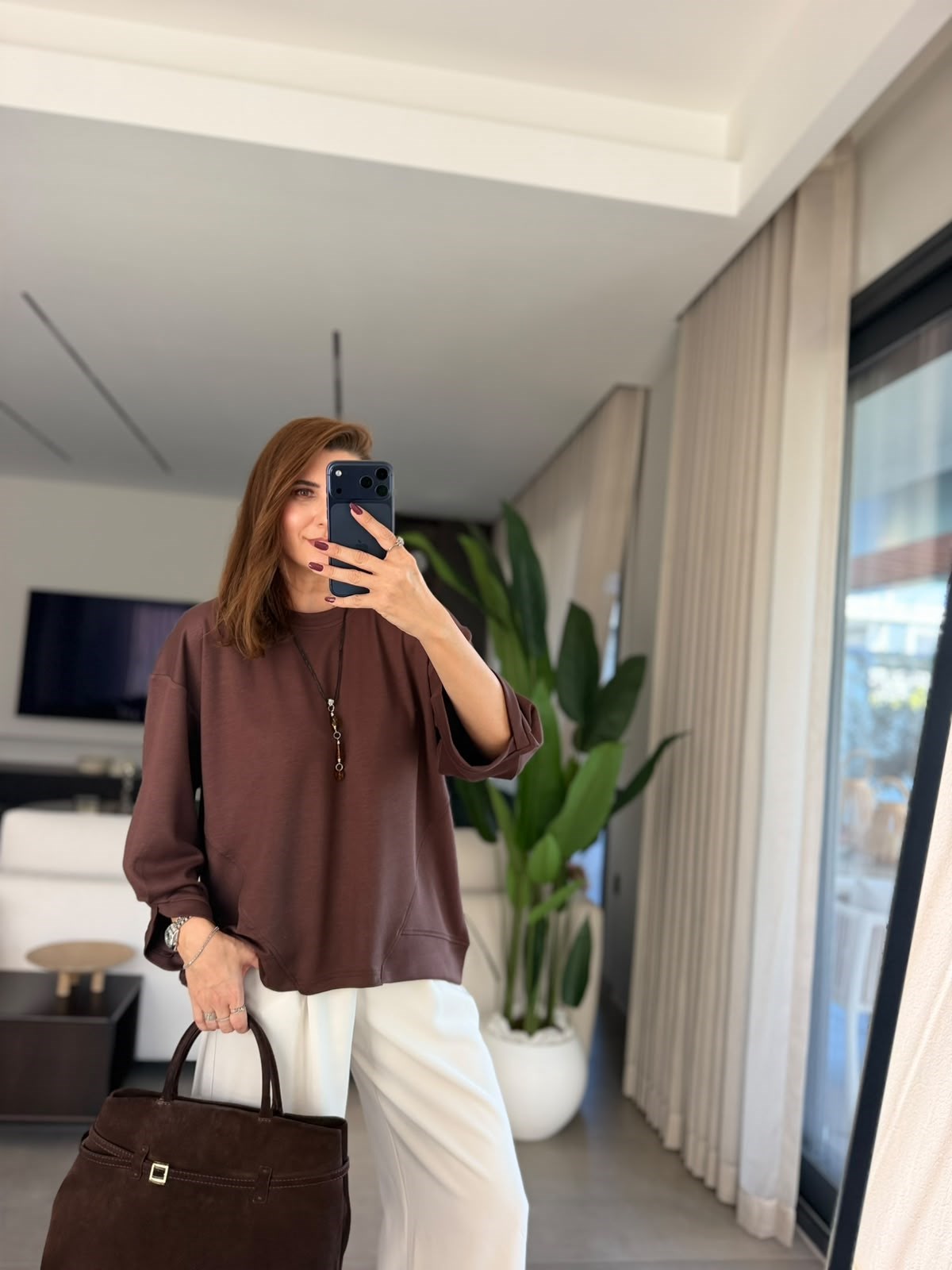 Acı Kahve  Oys Büyük Beden Kolyeli Bluz