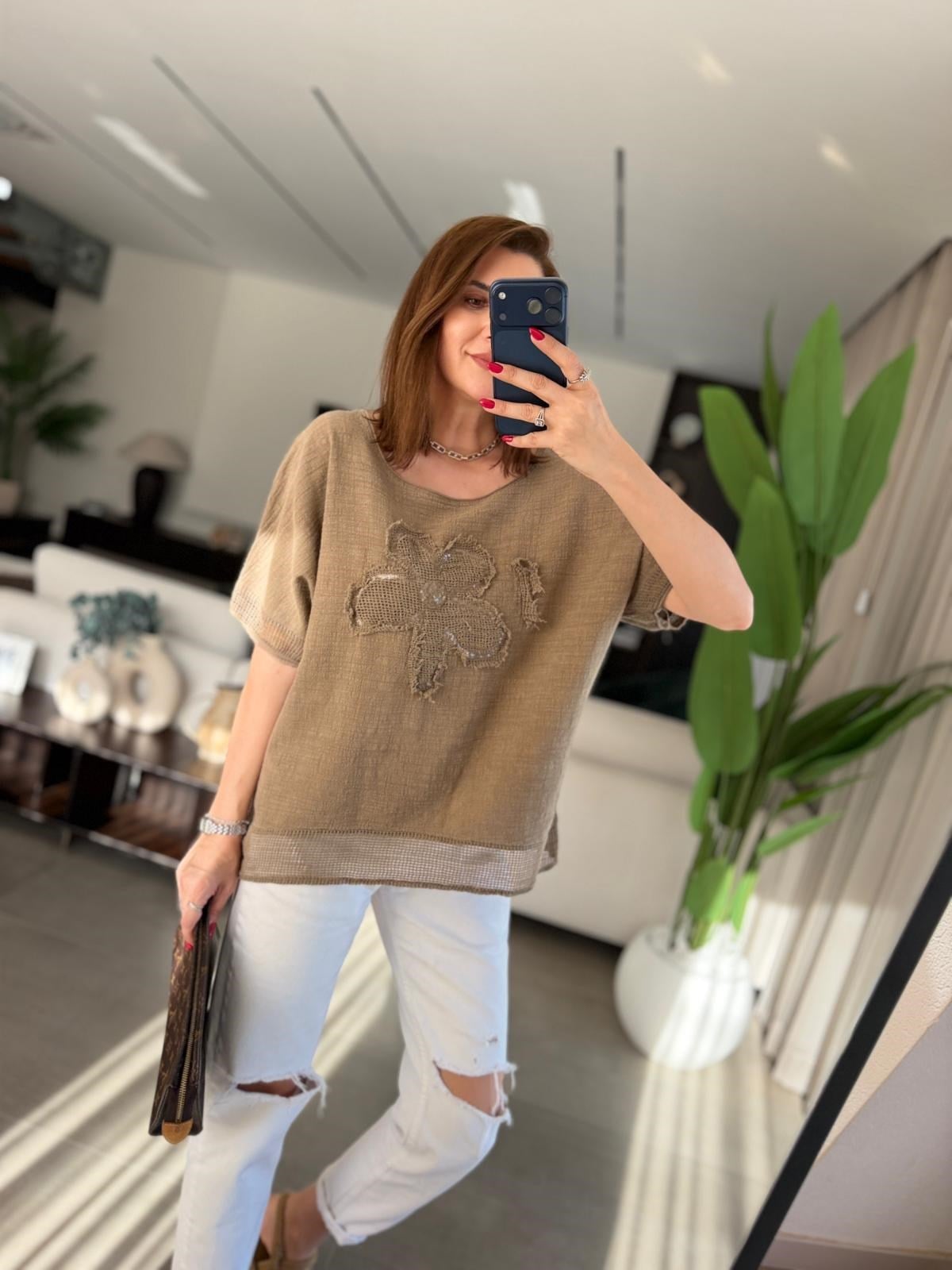 Acı Kahve  Papatya Pullu Keten Bluz