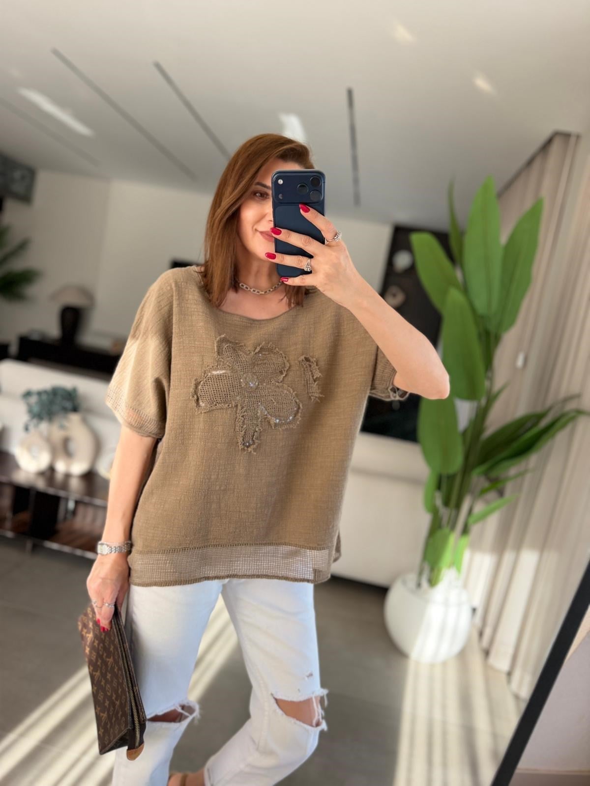 Acı Kahve  Papatya Pullu Keten Bluz