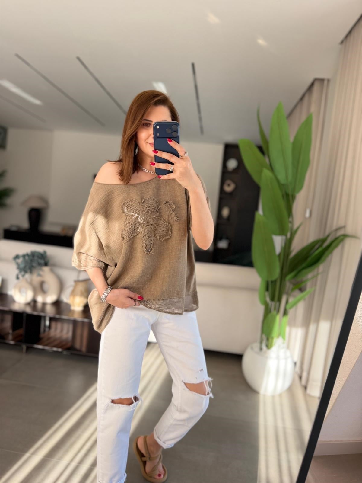 Acı Kahve  Papatya Pullu Keten Bluz