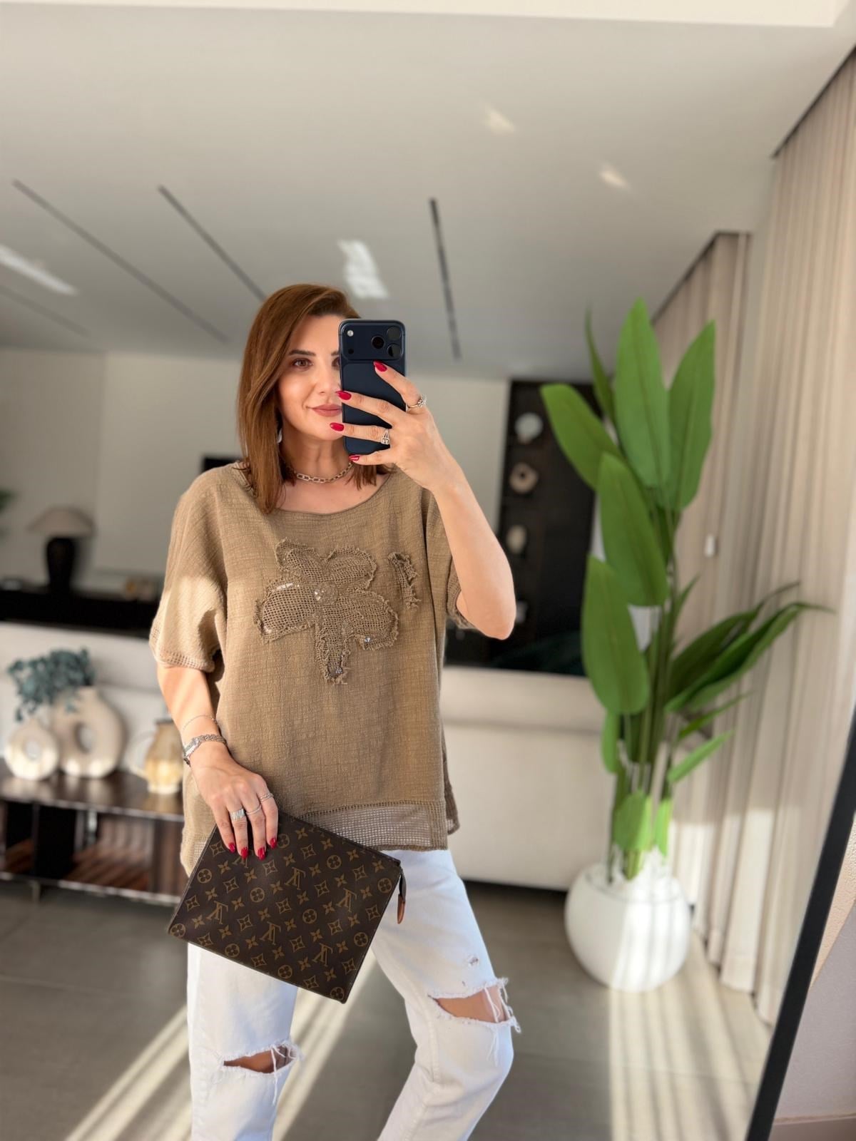 Acı Kahve  Papatya Pullu Keten Bluz