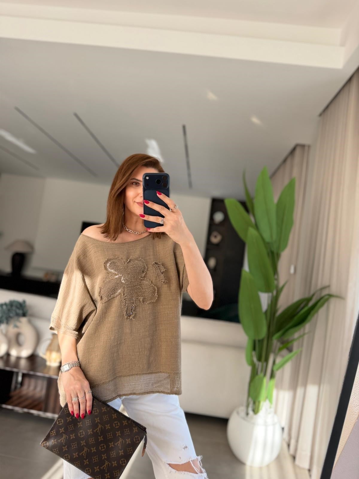 Acı Kahve  Papatya Pullu Keten Bluz