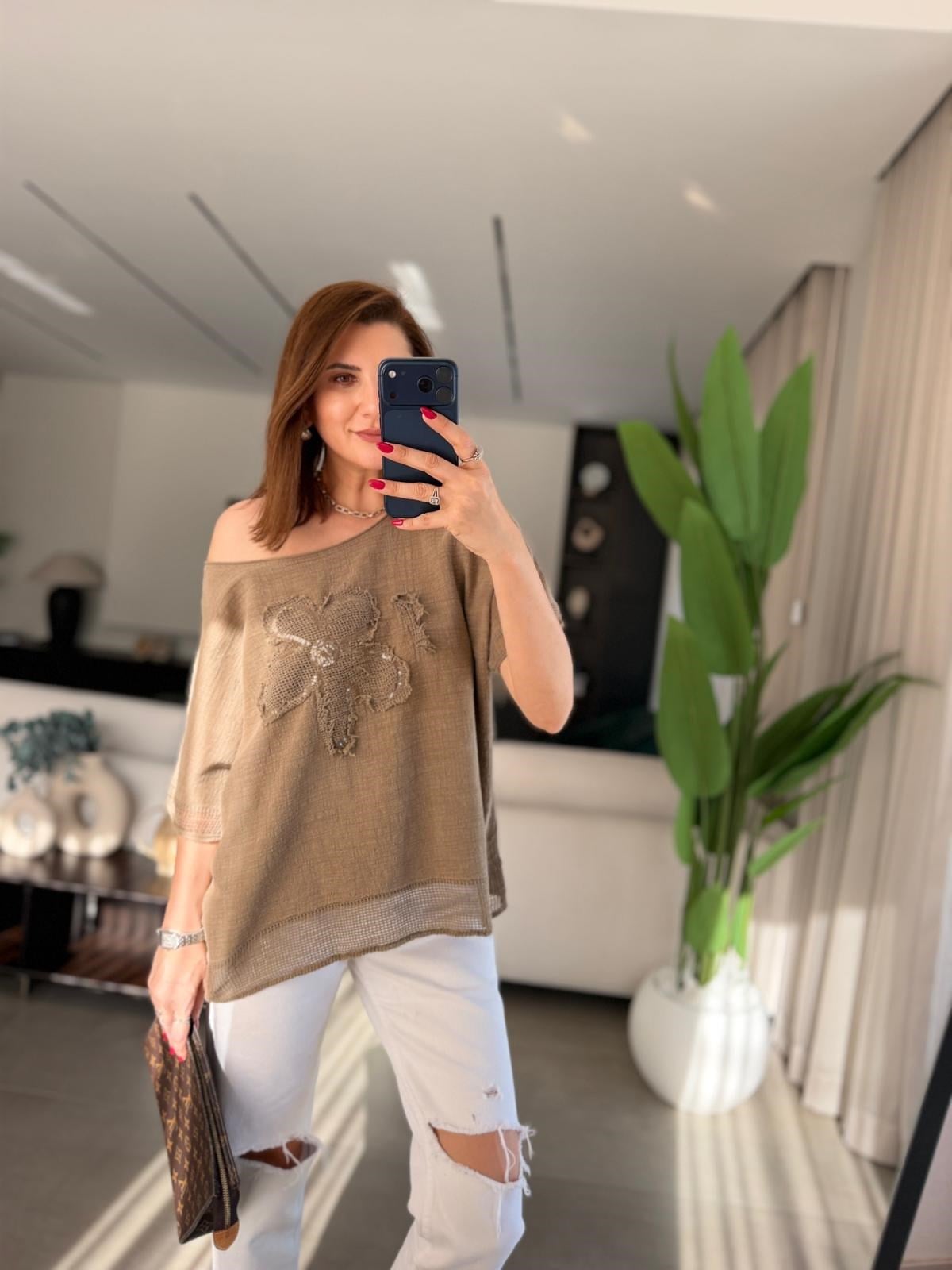 Acı Kahve  Papatya Pullu Keten Bluz