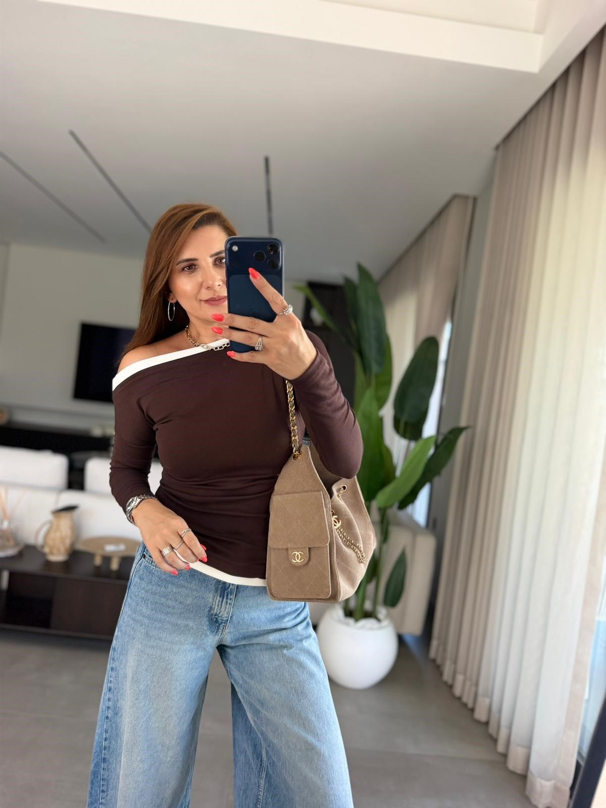 Acı Kahve Paris Kontrast Biyeli Bluz